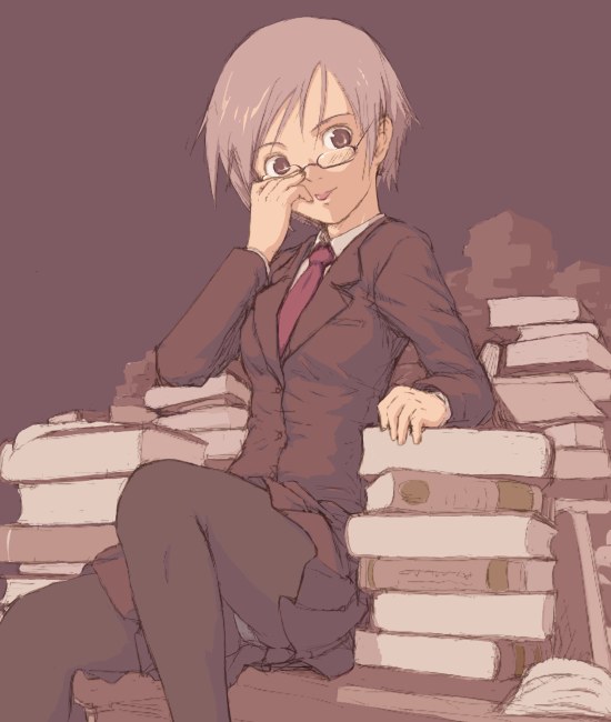 1girl, book, female focus, glasses, necktie, panties, panties under pantyhose, pantyhose, solo, teacher, tongue, underwear, upskirt