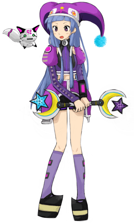 purin (pinkcotton), fonewearl, nagi, kannagi, phantasy star, phantasy star online, bad id, bad pixiv id, 1girl, blue hair, blunt bangs, cosplay, female focus, fonewearl (cosplay), hat, jester cap, long hair, purple hat, solo, staff, white background