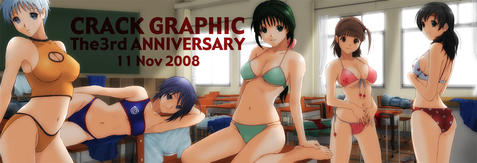ryouzou, hayami touka, kaminogi momo, kokono asou, kusaka ai, tsukishima shurina, better girls, highres, long image, wide image, 5girls, armpits, barefoot, bikini, black hair, blue hair, brown hair, classroom, green hair, hair ornament, long hair, lying, midriff, multiple girls, navel, ponytail, school, short hair, side-tie bikini bottom, side ponytail, sitting, smile, swimsuit