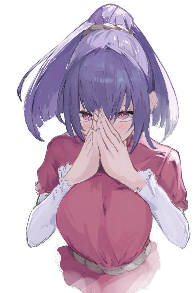 sashimi oniku, yasaka kanako, touhou, highres, 1girl, breasts, dress, gloves, hair between eyes, large breasts, long sleeves, looking at viewer, ponytail, praying, purple hair, red eyes