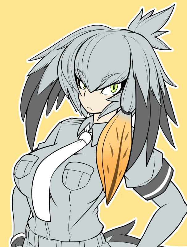 kimyouna juju, shoebill (kemono friends), kemono friends, 1girl, bird tail, bird wings, breasts, collared shirt, green eyes, grey hair, grey shirt, grey tail, hair between eyes, head wings, large breasts, layered sleeves, long hair, long sleeves, looking at viewer, multicolored hair, necktie, shirt, short over long sleeves, short sleeves, side ponytail, simple background, solo, tail, tsurime, upper body, white necktie, wings, yellow background