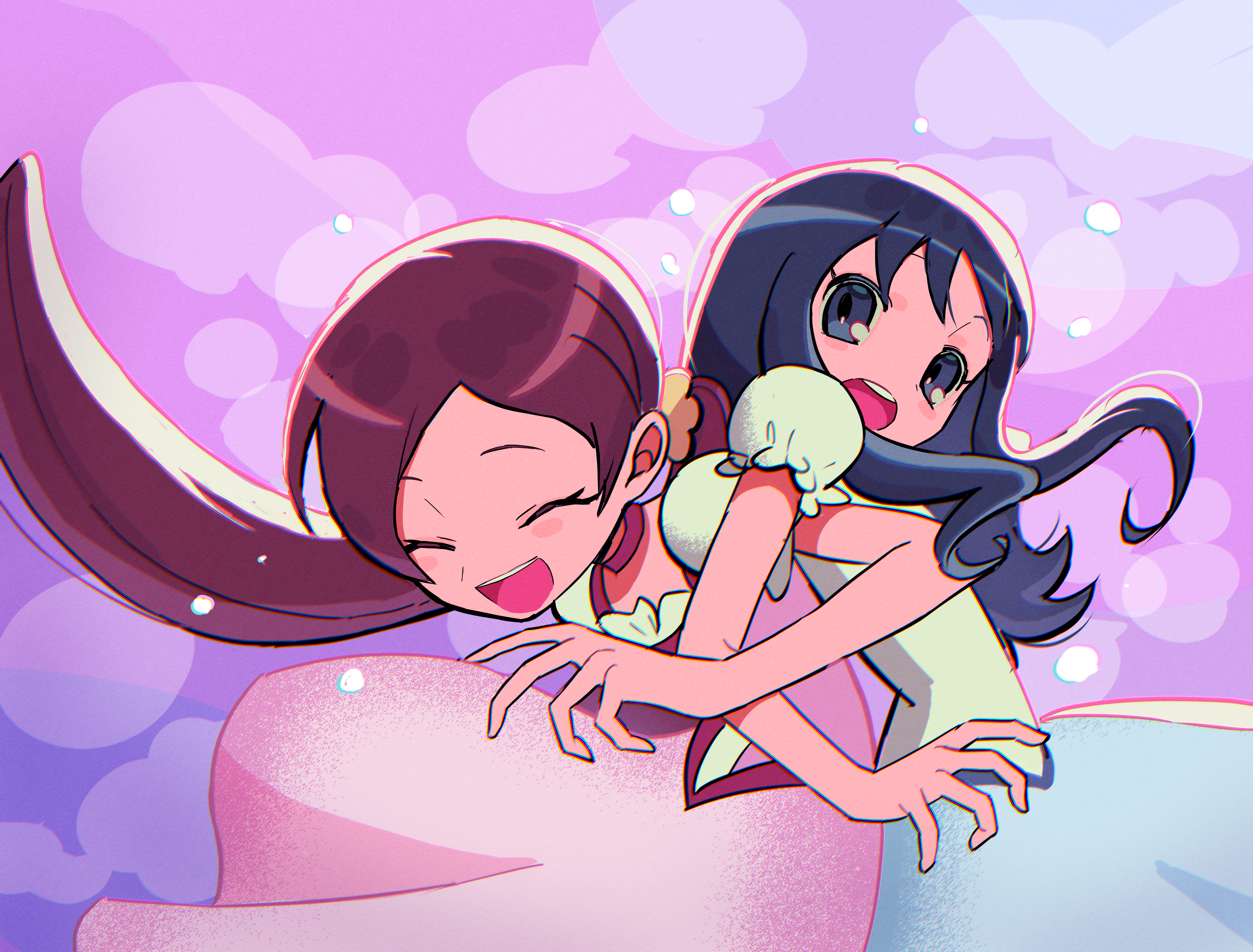 hanasaki tsubomi, kurumi erika, heartcatch precure!, precure, absurdres, commentary, highres, symbol-only commentary, 2girls, :d, back-to-back, blue dress, blue eyes, blue hair, blush stickers, choker, closed eyes, dress, facing down, frilled dress, frilled sleeves, frills, gradient background, hair ornament, hair scrunchie, happy, henshin, hiuhhhhhh, locked arms, long hair, looking up, low twintails, magical girl, multicolored dress, multiple girls, open mouth, pink background, pink choker, pink dress, pink hair, puffy short sleeves, puffy sleeves, purple background, scrunchie, short dress, short sleeves, smile, spread fingers, teeth, transformation, twintails, two-tone background, two-tone dress, upper body, upper teeth only, wavy hair, white dress, yellow scrunchie
