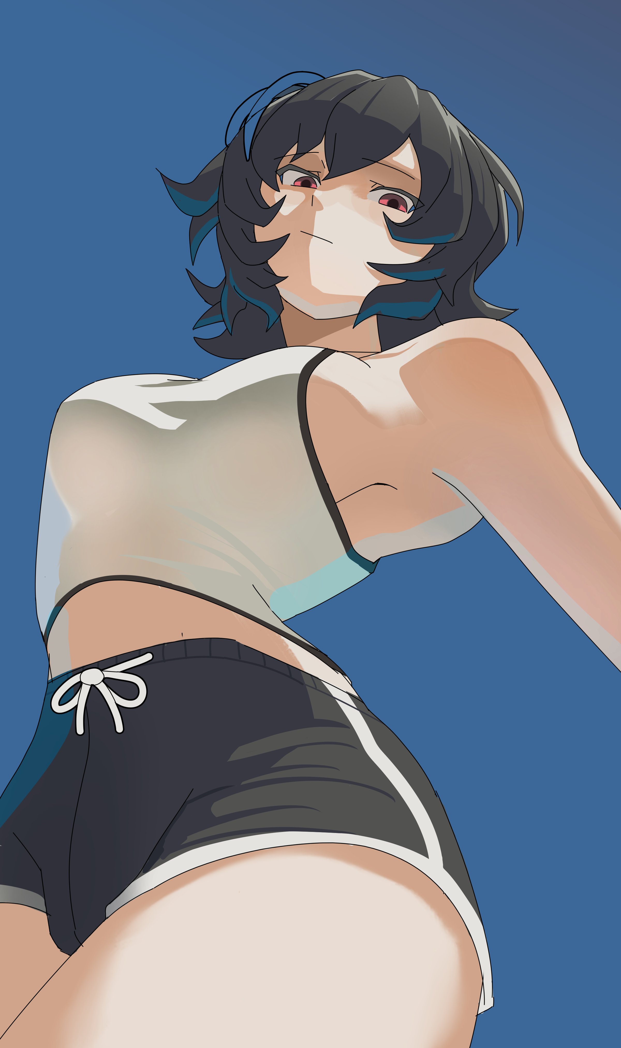 capyso, unika (guilty gear), guilty gear, guilty gear strive, absurdres, highres, 1girl, black hair, blue hair, blue streaks, borrowed design, breasts, crop top, dolphin shorts, from below, looking at viewer, midriff peek, multicolored hair, red eyes, see-through clothes, see-through shirt, shirt, short hair, shorts, simple background, solo, streaked hair, white shirt