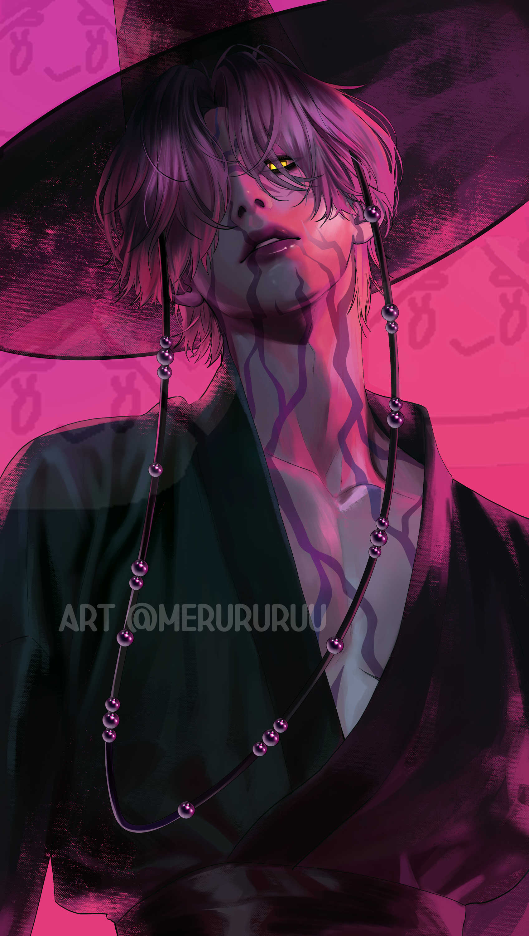 merururuu, mystery (kpop demon hunters), kpop demon hunters, absurdres, commentary, highres, 1boy, black hat, gat (hat), hair over eyes, hat, korean clothes, long sleeves, male focus, parted lips, pectoral cleavage, pectorals, pink background, short hair, solo, tattoo, upper body, watermark, yellow eyes
