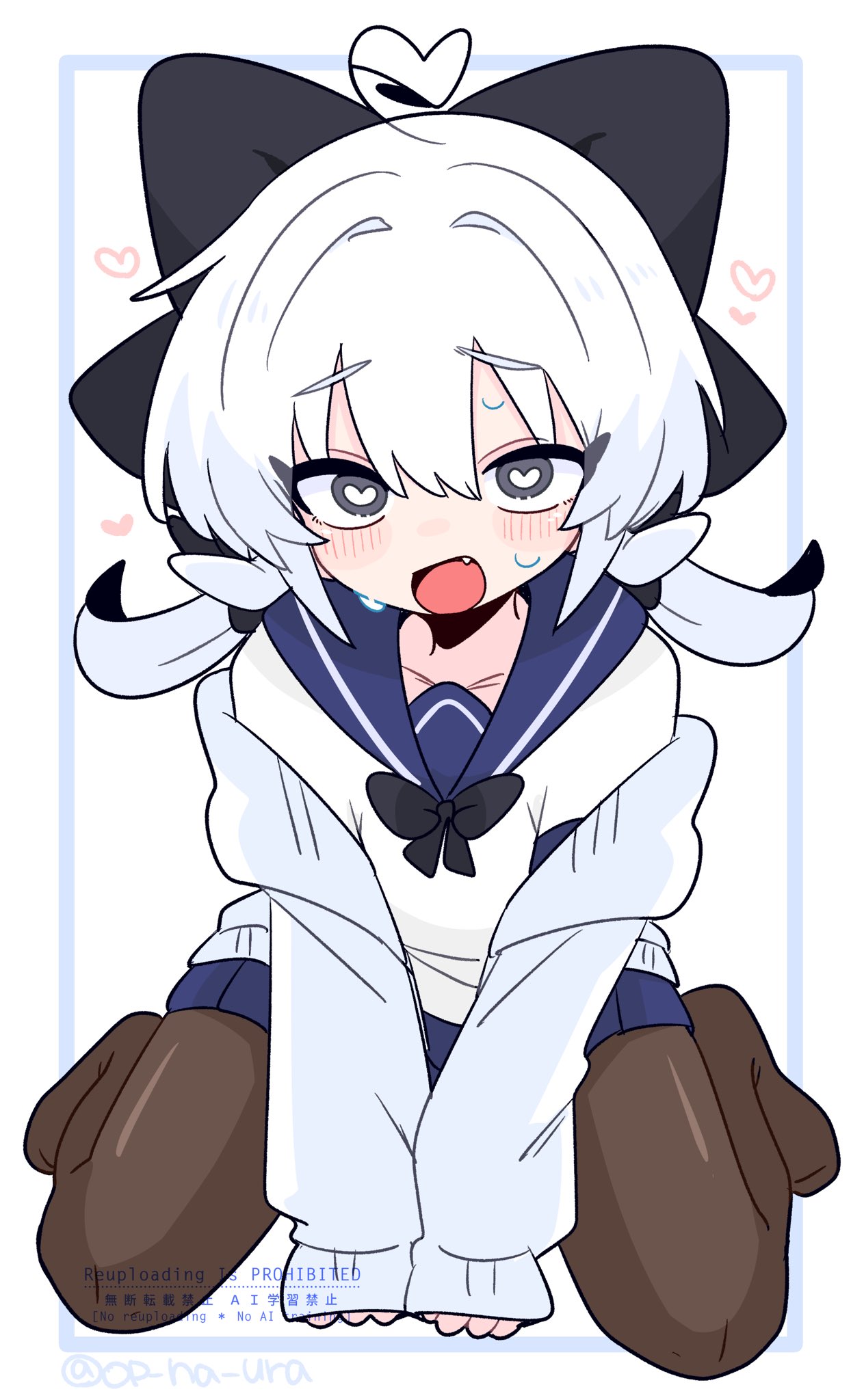 op na yarou, original, commentary, highres, 1boy, :d, ahoge, between legs, black bow, black bowtie, black pantyhose, blue sailor collar, blue skirt, blush, bow, bowtie, cardigan, collarbone, crossdressing, crossdressing (mtf), fang, flipped hair, full body, grey eyes, hair between eyes, hair bow, hand between legs, heart, heart-shaped pupils, heart ahoge, kneeling, large bow, long sleeves, looking at viewer, low twintails, medium hair, miniskirt, no nose, no shoes, open cardigan, open clothes, open mouth, ose (op na yarou), pantyhose, pleated skirt, raised inner eyebrows, sailor collar, school uniform, serafuku, shirt, sidelocks, simple background, sitting, skirt, sleeves past wrists, smile, solo, sweat, symbol-shaped pupils, trap, twintails, v arms, wariza, watermark, white background, white hair, white shirt