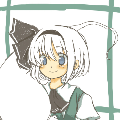 yuu shin, yuuma (tenkyuugi), konpaku youmu, konpaku youmu (ghost), touhou, bad id, bad pixiv id, lowres, 1girl, blue eyes, female focus, hitodama, short hair, solo, white hair