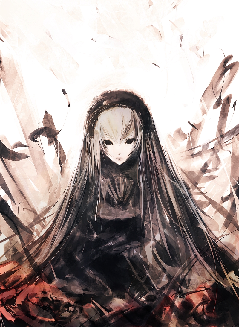 iori yakatabako, suigintou, rozen maiden, silver hair, 00s, 1girl, black dress, collar, dress, feathers, female focus, hairband, lolita hairband, long sleeves, looking at viewer, sitting, solo, upper body