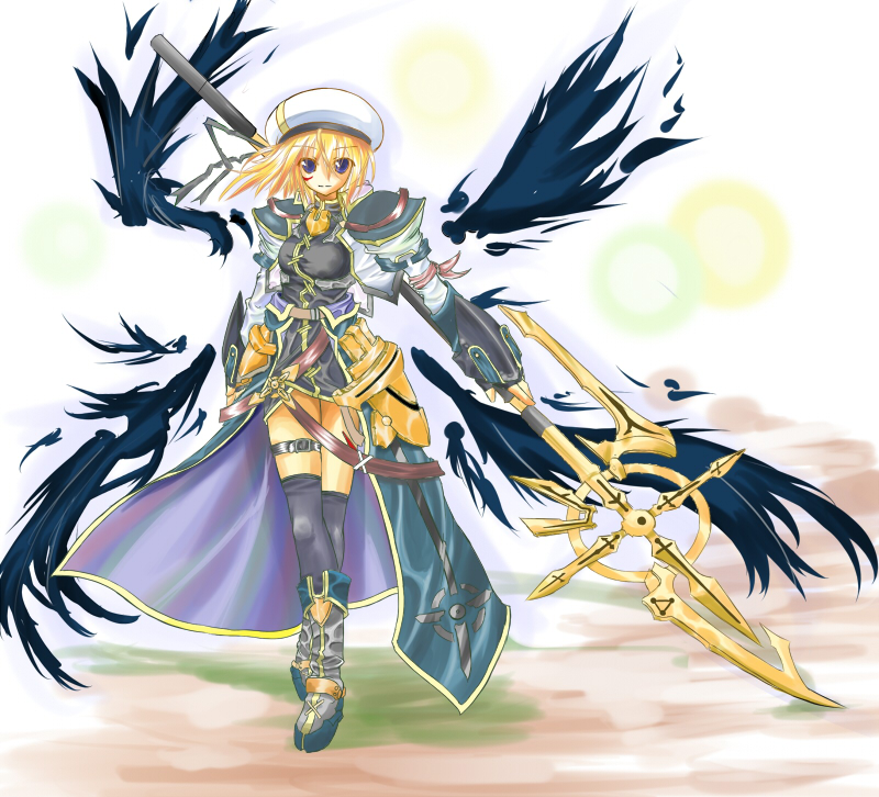 mag (giraffe009), schwertkreuz, yagami hayate, lyrical nanoha, mahou shoujo lyrical nanoha, mahou shoujo lyrical nanoha a's, 00s, 1girl, beret, black wings, blonde hair, blue eyes, female focus, hat, solo, staff, thighhighs, unison (nanoha), wings