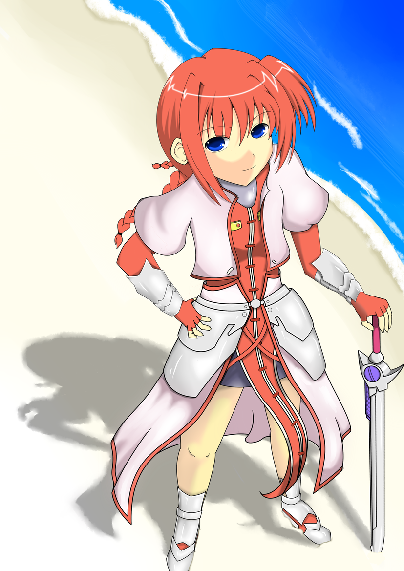 laevatein (nanoha), signum, vita (nanoha), lyrical nanoha, mahou shoujo lyrical nanoha, mahou shoujo lyrical nanoha a's, beach, blue eyes, braid, cosplay, red hair, signum (cosplay), sword, twin braids, weapon, whip sword