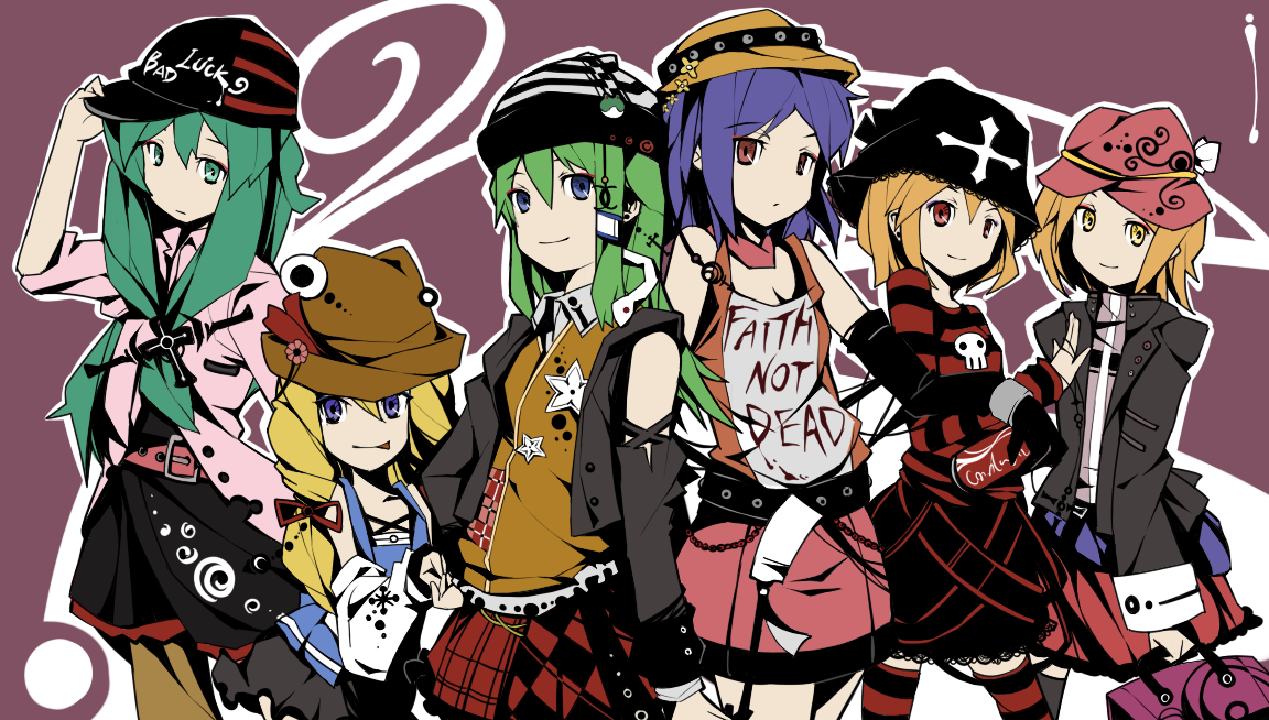 ideolo, aki minoriko, aki shizuha, kagiyama hina, kochiya sanae, moriya suwako, yasaka kanako, touhou, 6+girls, alternate costume, blonde hair, blue eyes, blue hair, casual, contemporary, everyone, female focus, frog, front ponytail, green hair, hat, multiple girls, thighhighs