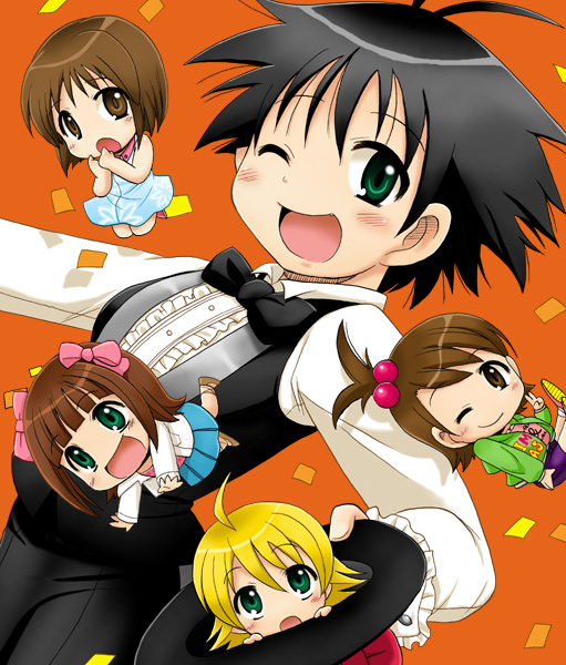kotobuki maimu, amami haruka, futami ami, hagiwara yukiho, hoshii miki, kikuchi makoto, idolmaster, idolmaster (classic), idolmaster 1, 00s, 5girls, antenna hair, chibi, flat chest, magician, multiple girls, one eye closed, wink