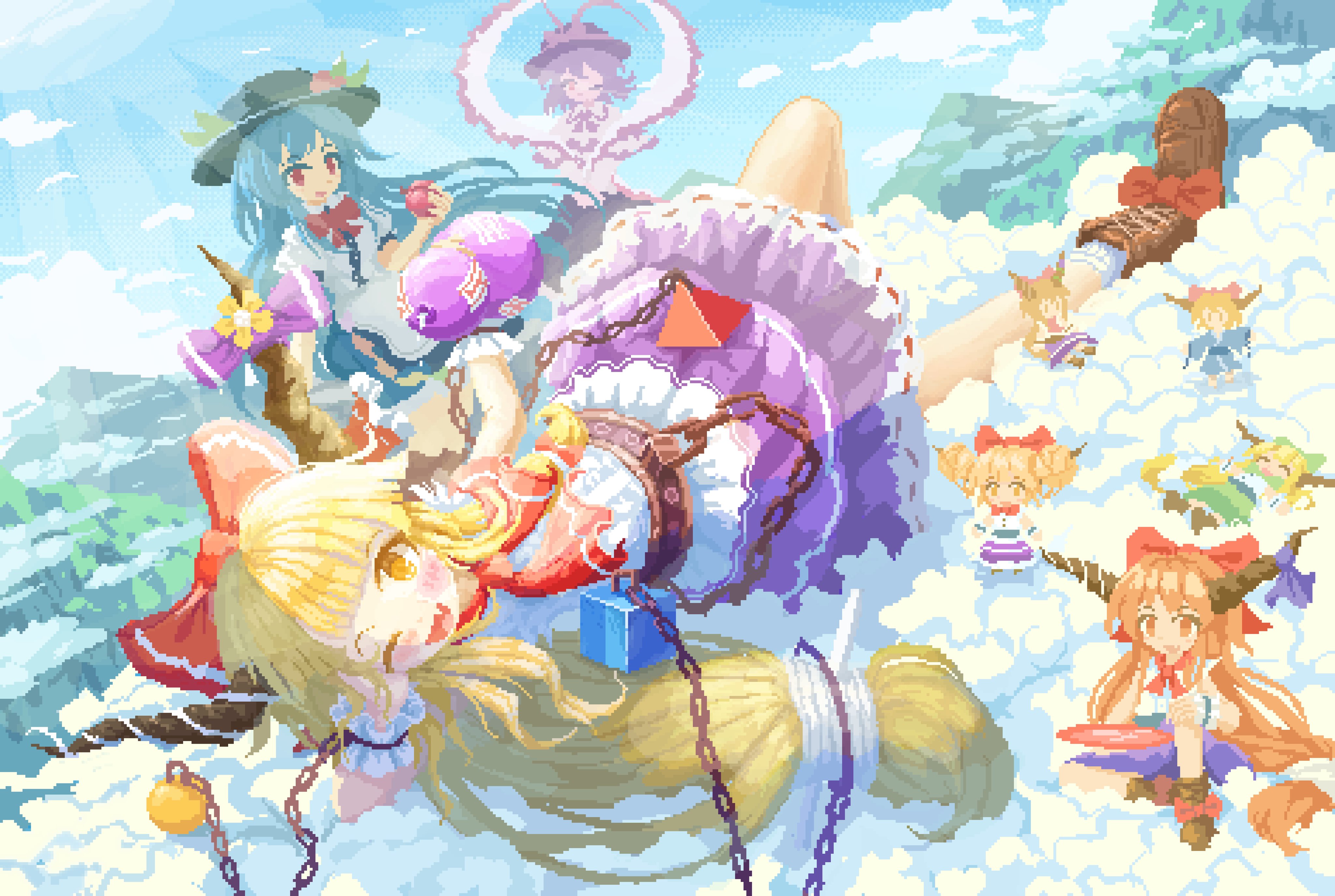 02charaice20, hinanawi tenshi, ibuki suika, nagae iku, touhou, absurdres, highres, 3girls, alcohol, apple, blonde hair, blue hair, chain, cloud, food, fruit, hat, horns, long hair, multiple girls, pixel art, red eyes, ribbon, sake, sky, smile