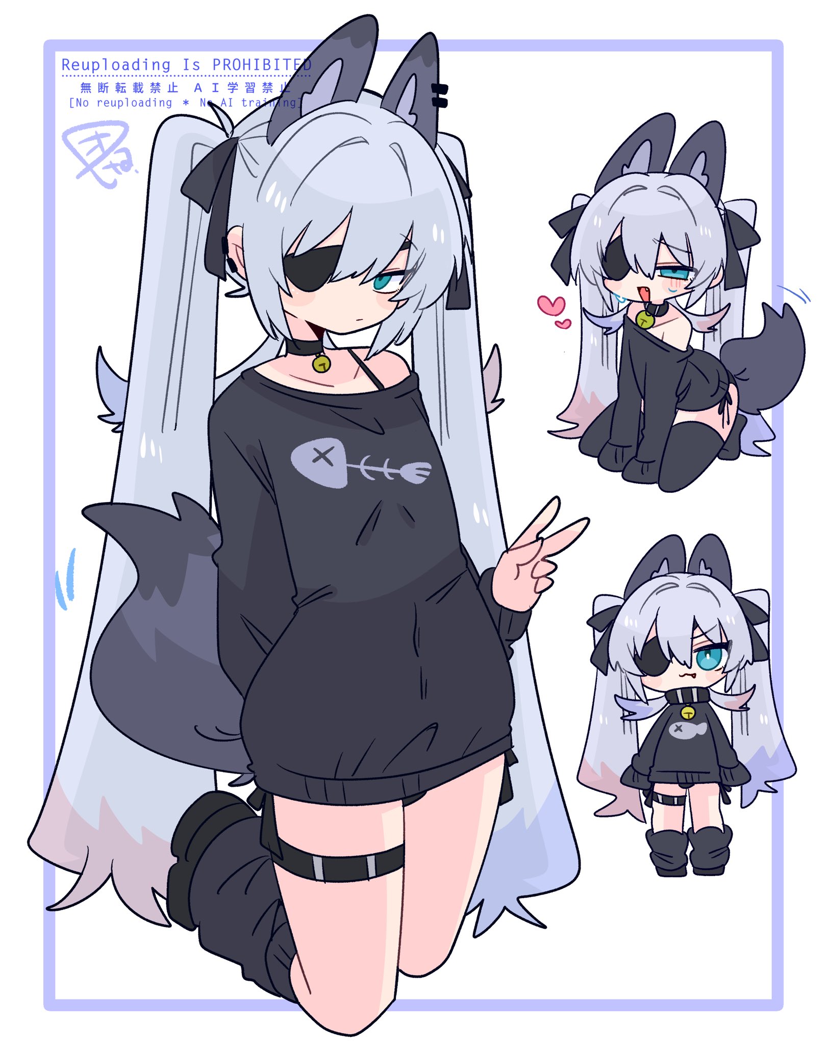 op na yarou, original, commentary, highres, 1boy, :/, :3, :d, a-pose, animal ear fluff, animal ear piercing, animal ears, arm behind back, bell, black bow, black choker, black panties, black shoes, black socks, black sweater, black thighhighs, blue eyes, blush, bow, bra strap, chibi, choker, collarbone, crossdressing, crossdressing (mtf), ear piercing, expressionless, extra ears, eyepatch, fang, fish skeleton, grey tail, hair between eyes, hair bow, hands on ground, heart, kneeling, light blush, long hair, long sleeves, looking at viewer, loose socks, multiple views, narrowed eyes, neck bell, no nose, no pants, open mouth, panties, panty peek, piercing, print sweater, raised inner eyebrows, rigel (op na yarou), shoes, side-tie panties, sidelocks, simple background, single bare shoulder, single off shoulder, sleeves past fingers, sleeves past wrists, smile, socks, standing, straight hair, sweat, sweater, swept bangs, tail, tail wagging, thigh strap, thighhighs, thighs, trap, twintails, underwear, v, v-shaped eyebrows, very long hair, watermark, white background, white hair, wolf boy, wolf ears, wolf tail