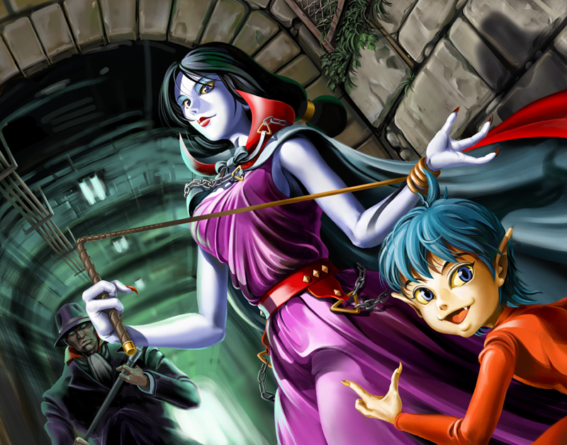 dorasu, bem, bera, bero, youkai ningen bem, 1960s (style), 1girl, 2boys, black hair, blue eyes, chain, claws, fang, fantasy, lipstick, makeup, monster, multiple boys, open mouth, pale skin, pointy ears, ponytail, retro artstyle, traditional youkai, whip