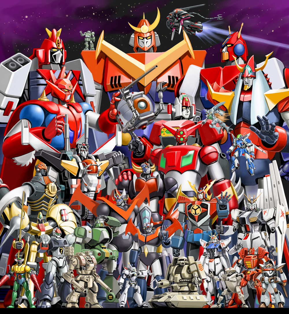 dorasu, aug, auge (heavy metal), av-98 ingram, ball (gundam), big o (mecha), black selena, combattler v (robot), daiooja, dancouga, dunbine, f91 gundam, galient, getter-1, getter dragon, great mazinger (robot), grendizer, koutetsu jeeg (mecha), layzner, mazinger z (mecha), nu gundam, orguss (mecha), raideen (mecha), savage (full metal panic), scopedog, tomahawk destroid, vifam, voltes v (mecha), walker gallia, zaku tank, zambot 3, zambot 3 (robot), aoki ryuusei spt layzner, banpresto, char's counterattack, choudenji machine voltes v, choudenji robo combattler v, choujikuu seiki orguss, choujikuu yousai macross, choujuu kishin dancouga, daimos, dancouga (series), dancougar, full metal panic!, getter robo, getter robo g, ginga hyouryuu vifam, great mazinger, gundam, gundam f91, juusenki l-gaim, kidou keisatsu patlabor, kidou senkan nadesico, kidou senkan nadesico – prince of darkness, kikou-kai galient, koutetsu jeeg, macross, mazinger (series), mazinger z, mobile suit gundam, muteki choujin zambot 3, orguss, raideen, raideen (series), saikyo robo daiohja, saikyou robo daiooja, seisenshi dunbine, sentou mecha xabungle, soukou kihei votoms, super robot wars, the big o, toei company, toushou daimos, ufo robo grendizer, xabungle, yuusha raideen, 1980s (style), annotated, character request, 00s, 1970s (style), 1990s (style), daiohja, everyone, mecha, mecha focus, no humans, oldschool, retro artstyle, robot
