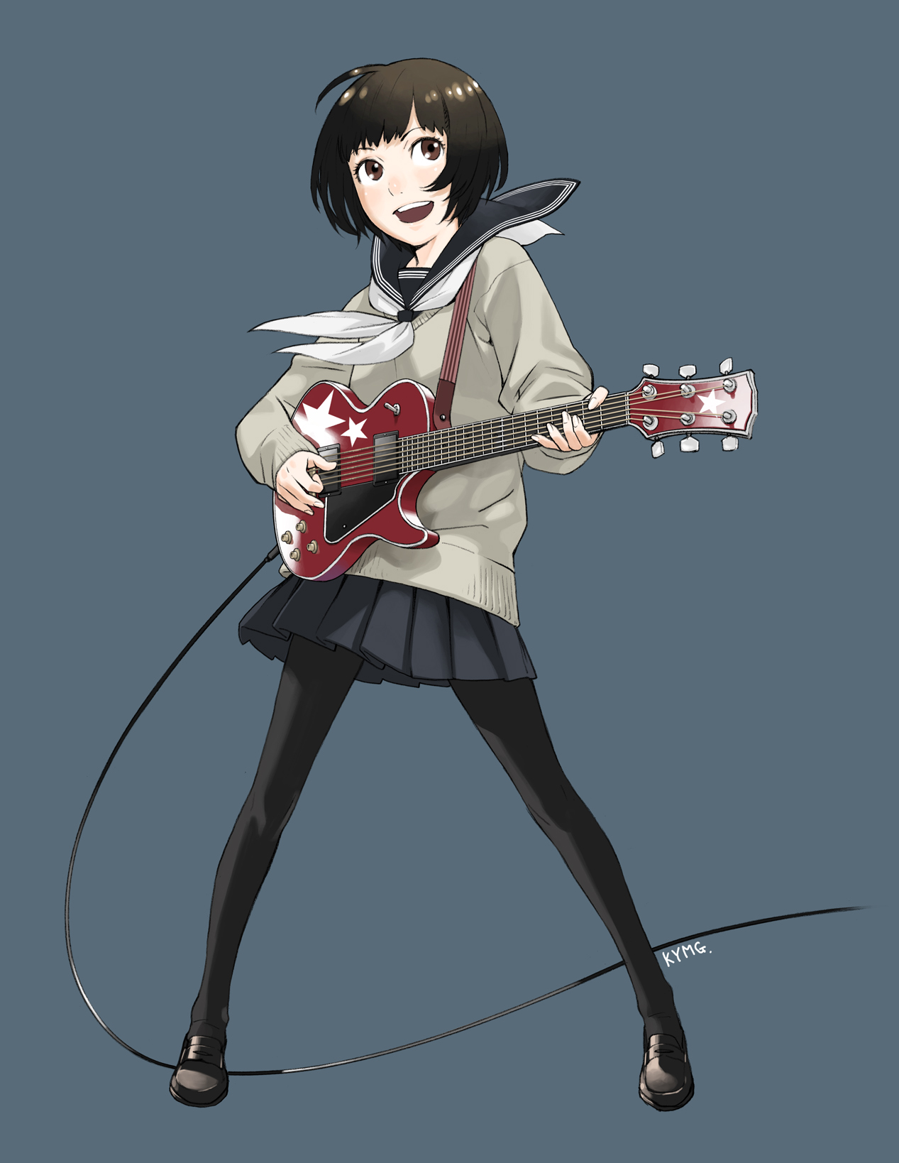 kozaki yuusuke, original, highres, 1girl, brown eyes, brown hair, female focus, guitar, instrument, legs, pantyhose, school uniform, serafuku, shoes, skirt, solo, sweater