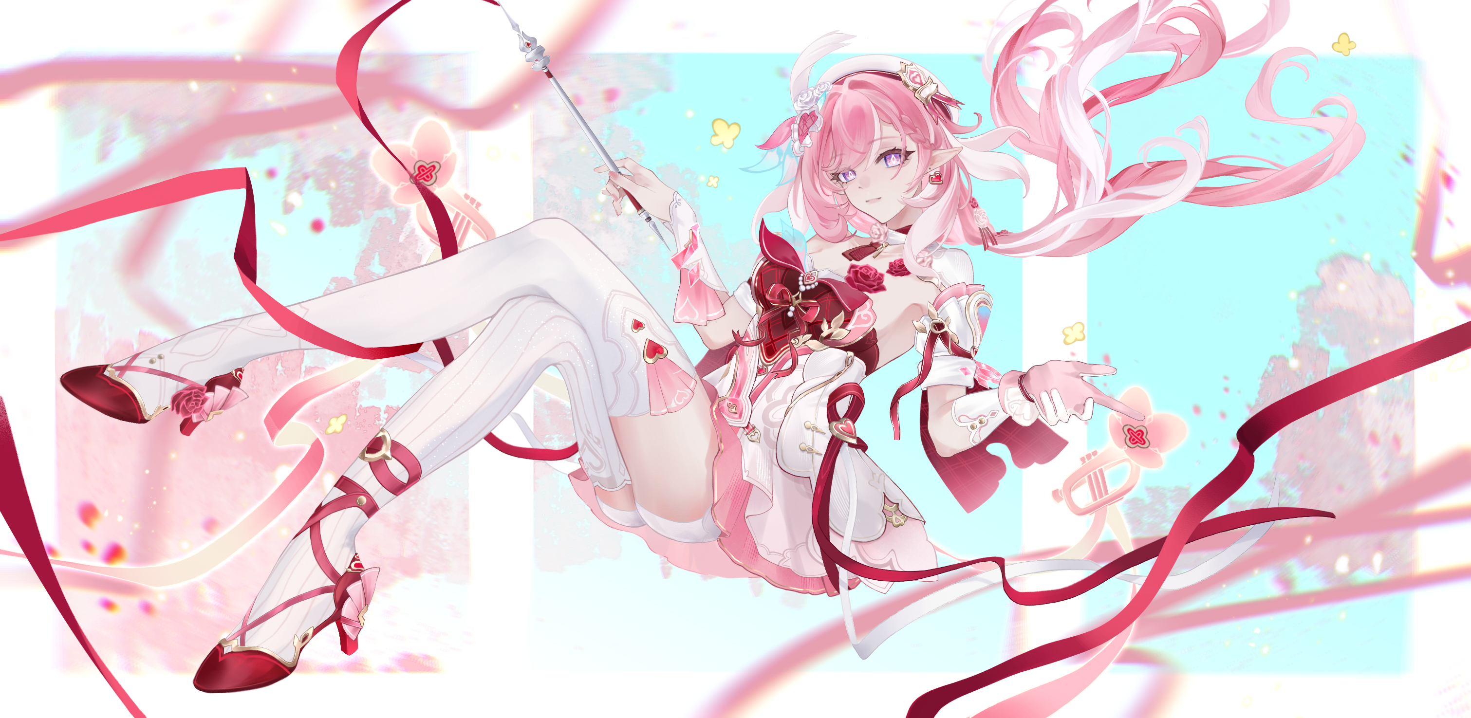 lin yu jin, elysia (hi love elf) (honkai impact), elysia (honkai impact), honkai (series), honkai impact 3rd, chinese commentary, commentary request, highres, 1girl, beret, blue sky, breasts, crossed legs, diamond-shaped pupils, diamond (shape), dress, earrings, elf, falling petals, floating, hat, heart, heart earrings, high heels, holding, holding wand, instrument, jewelry, large breasts, long hair, multicolored dress, multicolored hair, pantyhose, petals, pink hair, pointy ears, purple eyes, red dress, single leg pantyhose, single thighhigh, sky, smile, solo, symbol-shaped pupils, thighhighs, thighs, trumpet, two-tone hair, very long hair, wand, white dress, white hair, white pantyhose, white thighhighs