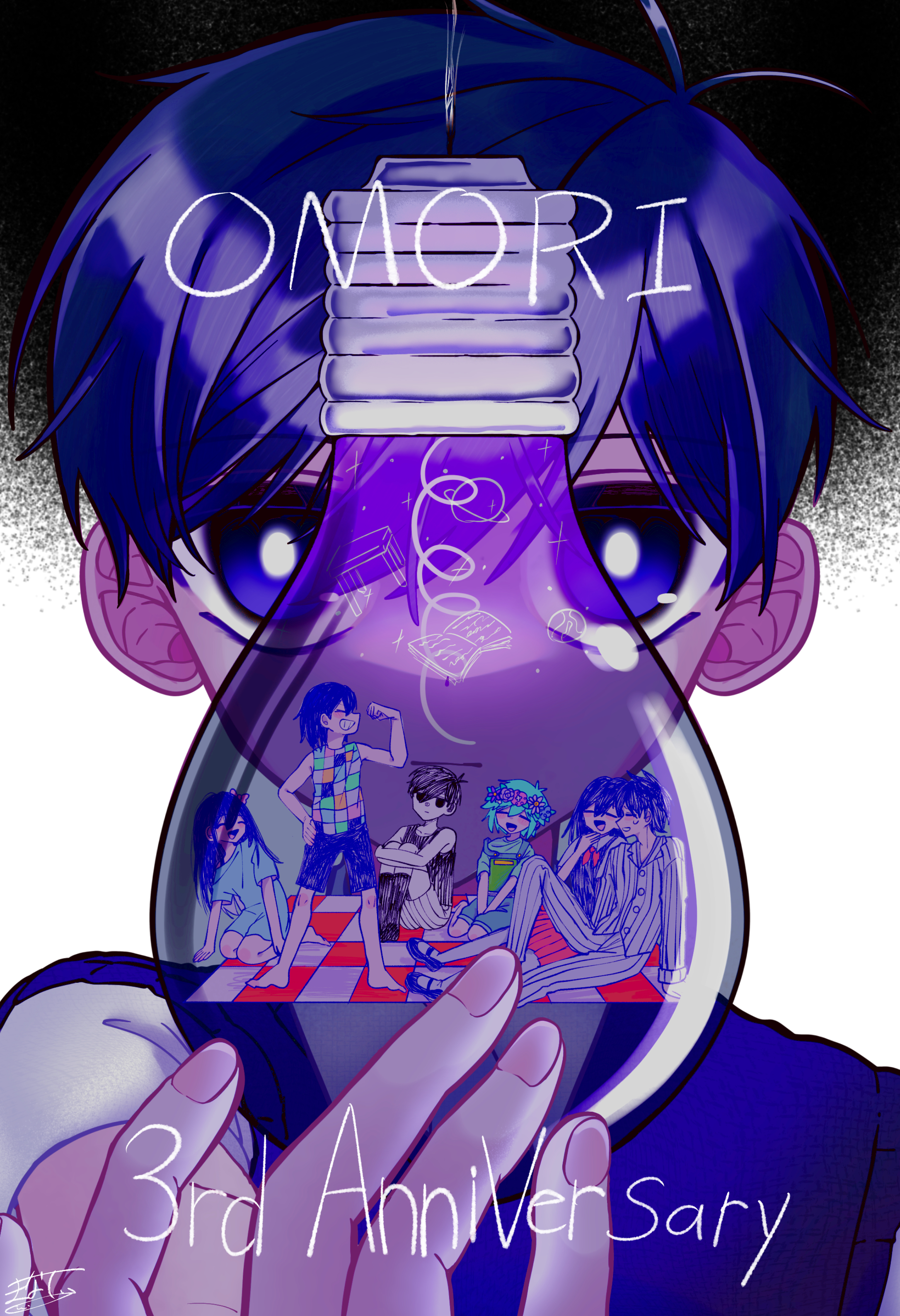 haiyang shengwu, aubrey (headspace) (omori), aubrey (omori), basil (headspace) (omori), basil (omori), hero (headspace) (omori), hero (omori), kel (headspace) (omori), kel (omori), mari (headspace) (omori), mari (omori), omori (omori), sunny (omori), omori, absurdres, commentary request, highres, 2girls, 5boys, :d, :|, ^ ^, anniversary, antenna hair, aqua hair, bare arms, bare shoulders, barefoot, black background, blue dress, book, bright pupils, brother and sister, brothers, buttons, checkered clothes, checkered shirt, closed eyes, closed mouth, collared shirt, copyright name, double-parted bangs, dress, dual persona, fingernails, flexing, flower, flower wreath, foreshortening, full body, grin, hair behind ear, hair between eyes, hand on own hip, hand up, head wreath, hugging own legs, knee up, light bulb, long hair, long sleeves, looking at viewer, male focus, mary janes, miniskirt, multiple boys, multiple girls, neckerchief, open mouth, pants, pantyhose, pink flower, pinstripe pants, pinstripe pattern, pinstripe shirt, pleated skirt, portrait, profile, purple eyes, purple flower, purple hair, purple rose, purple shoes, purple sweater vest, red neckerchief, red skirt, rose, shirt, shoes, short dress, short hair, short sleeves, siblings, sideways mouth, simple background, sitting, skirt, sleeveless, sleeveless shirt, smile, solo focus, standing, sweatdrop, sweater vest, tongue, two-tone background, v arms, very short hair, wariza, white background, white pants, white pantyhose, white pupils, white shirt