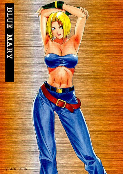 blue mary, fatal fury, snk, the king of fighters, 1990s (style), 1girl, armpits, arms up, belt, blonde hair, breasts, cleavage, denim, female focus, fingerless gloves, gloves, jeans, large breasts, midriff, pants, retro artstyle, short hair, solo, strapless, tube top