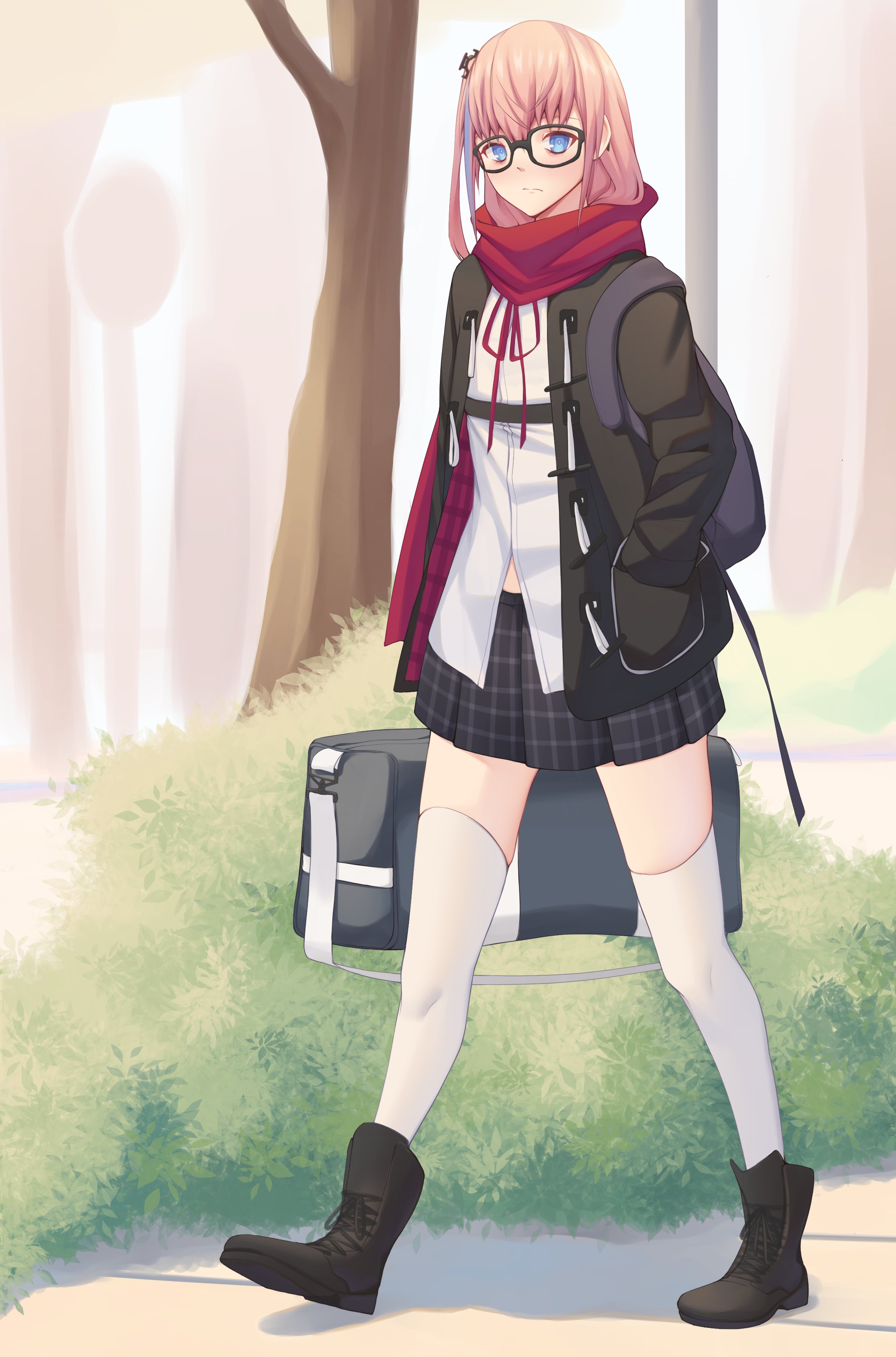 act (xadachit), st ar-15 (girls' frontline), st ar-15 (literary girl) (girls' frontline), girls' frontline, absurdres, commentary, highres, 1girl, backpack, bag, black boots, black coat, black skirt, blue eyes, blue hair, blush, boots, bush, chest strap, coat, dress shirt, frown, full body, glasses, hair between eyes, hands in pockets, long hair, long sleeves, looking at viewer, multicolored hair, neck ribbon, official alternate costume, one side up, open clothes, open coat, outdoors, pink hair, plaid clothes, plaid skirt, pleated skirt, red scarf, ribbon, scarf, school bag, shirt, shoulder bag, sidelocks, skirt, solo, streaked hair, thighhighs, tree, walking, white shirt, white thighhighs, zettai ryouiki