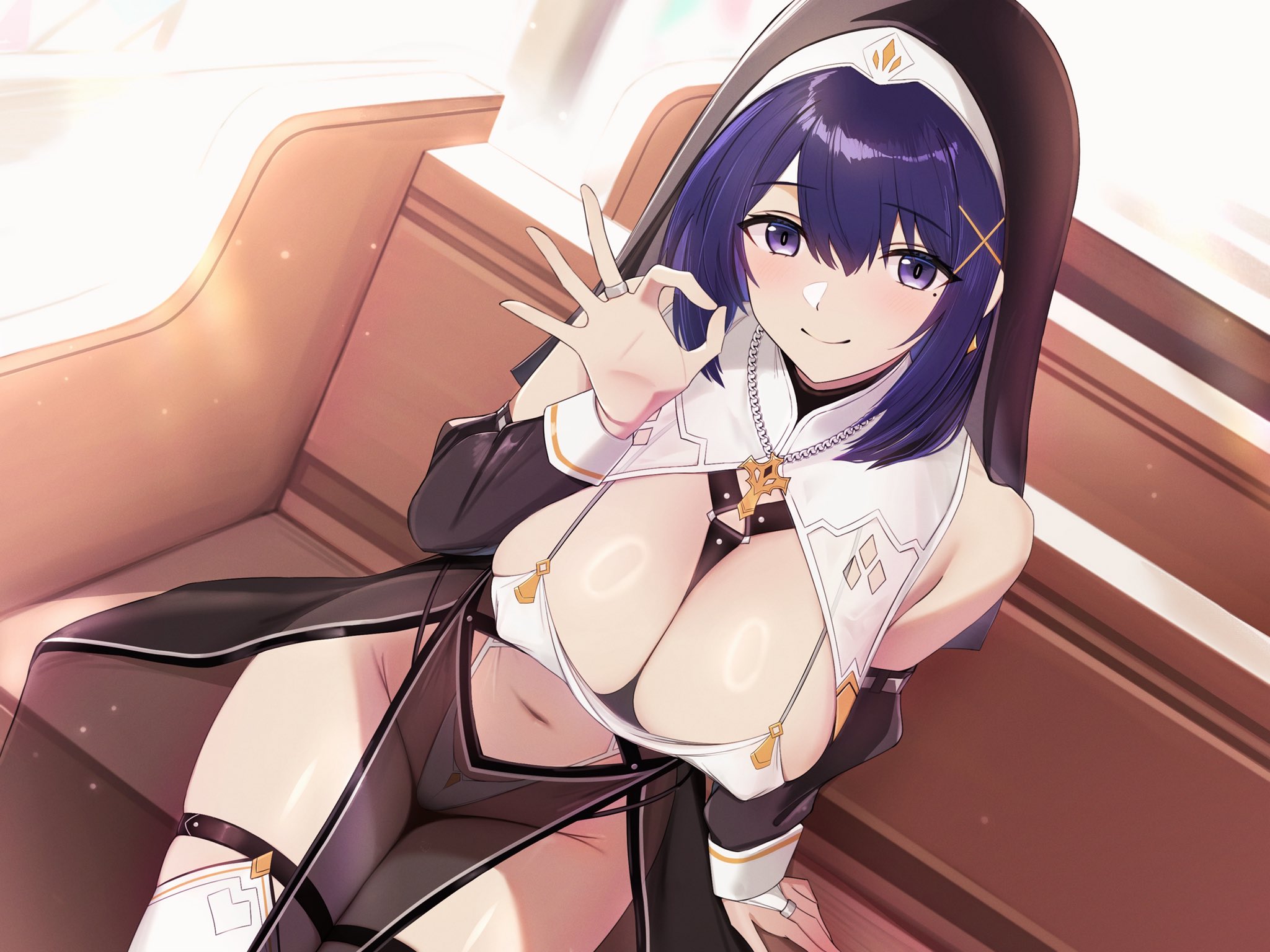 bee doushi, original, highres, 1girl, blue eyes, blue hair, blush, breasts, church, huge breasts, large breasts, looking at viewer, no bra, no pants, nose blush, nun, pelvic curtain, short hair, solo