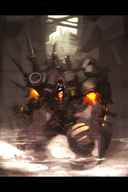 shaun healey, tagme, alley, city, fog, letterboxed, mecha, robot, spikes