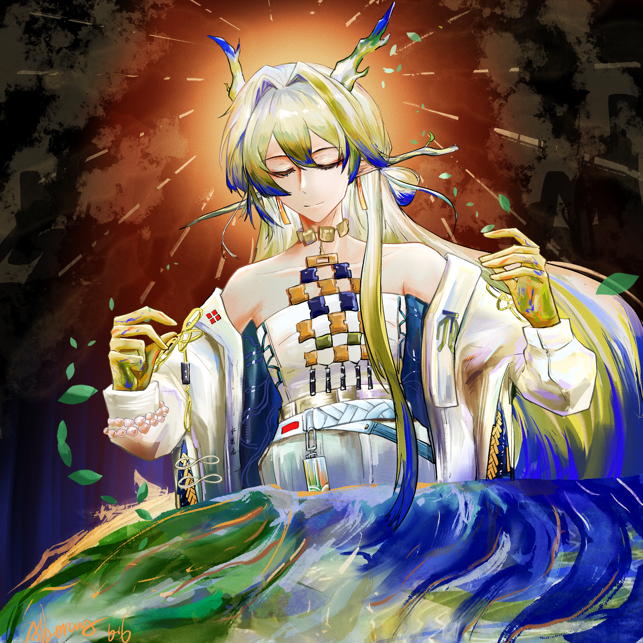 shu (arknights), arknights, chinese commentary, commentary request, highres, 1girl, albtraum, aura, bare shoulders, beads, belt, blonde hair, blue hair, closed eyes, closed mouth, collarbone, colored extremities, dragon girl, dragon horns, facing viewer, hair between eyes, hair intakes, hands up, horns, jacket, jewelry, leaf, long hair, magic, multicolored hair, necklace, off shoulder, solo, strapless, tube top, white belt, white hair, white jacket, white tube top