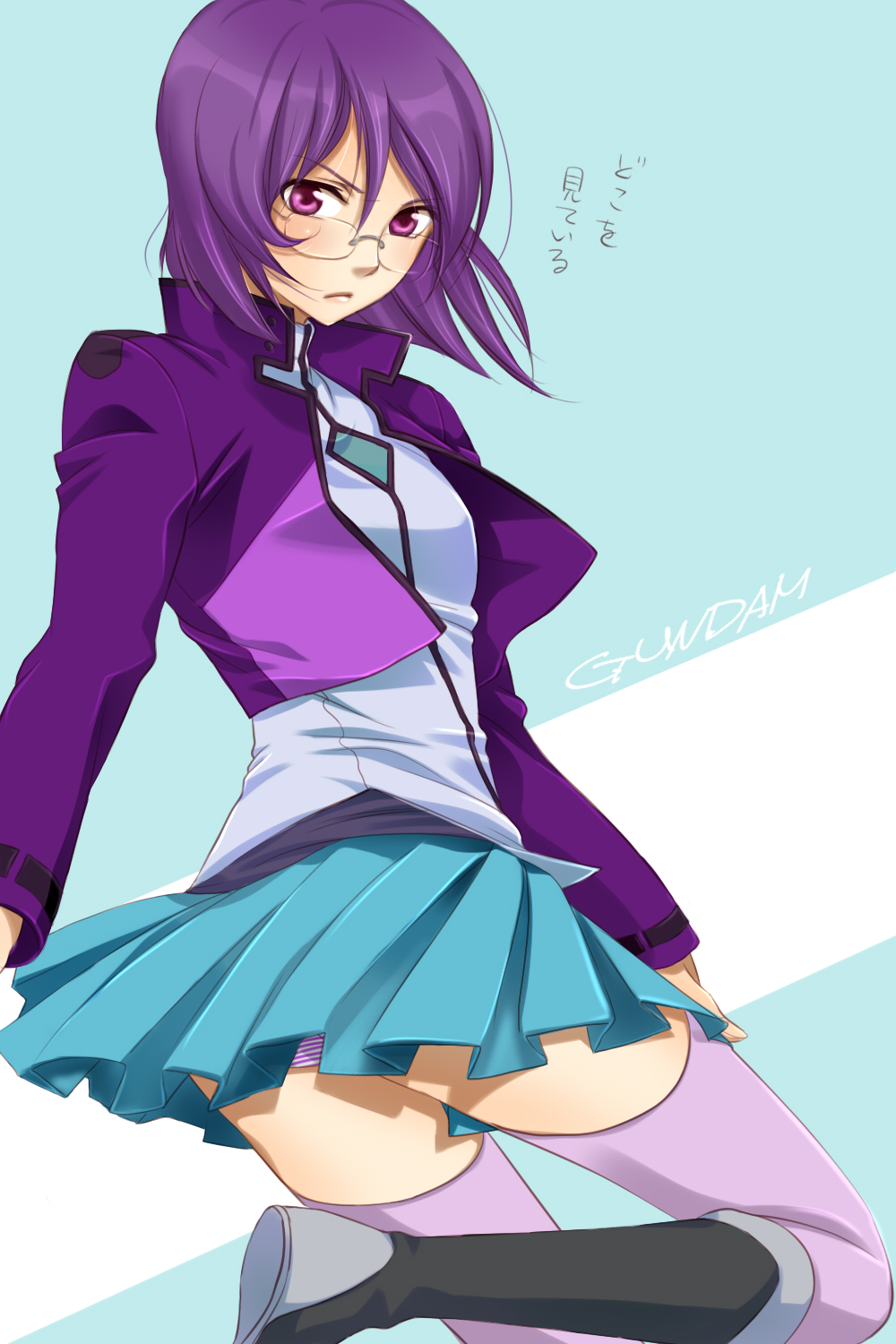 kumano yuzuko, kuma (2ch), kumako (poch4n), tieria erde, gundam, gundam 00, uniform, highres, 00s, 1girl, blush, boots, breasts, female focus, genderswap, genderswap (mtf), glasses, medium breasts, panties, pantyshot, purple eyes, purple hair, red eyes, short hair, skirt, solo, thighhighs, underwear