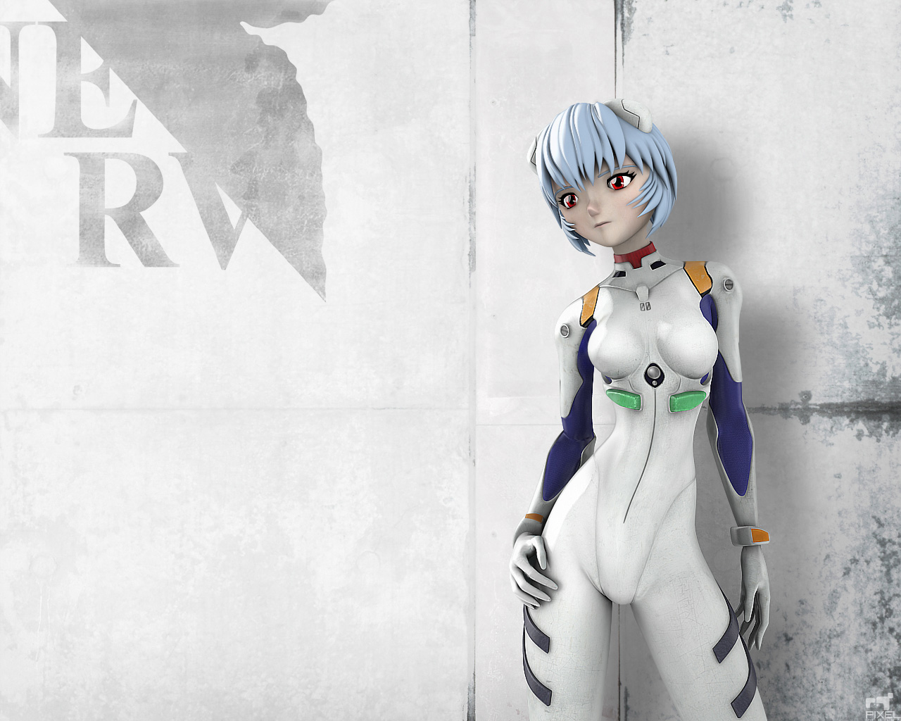 liemn, ayanami rei, neon genesis evangelion, 1girl, 3d, blue hair, bracer, breasts, cowboy shot, female focus, hand on own thigh, interface headset (evangelion), legs apart, mecha pilot suit, narrow waist, plugsuit (evangelion), red eyes, skin tight, solo, standing