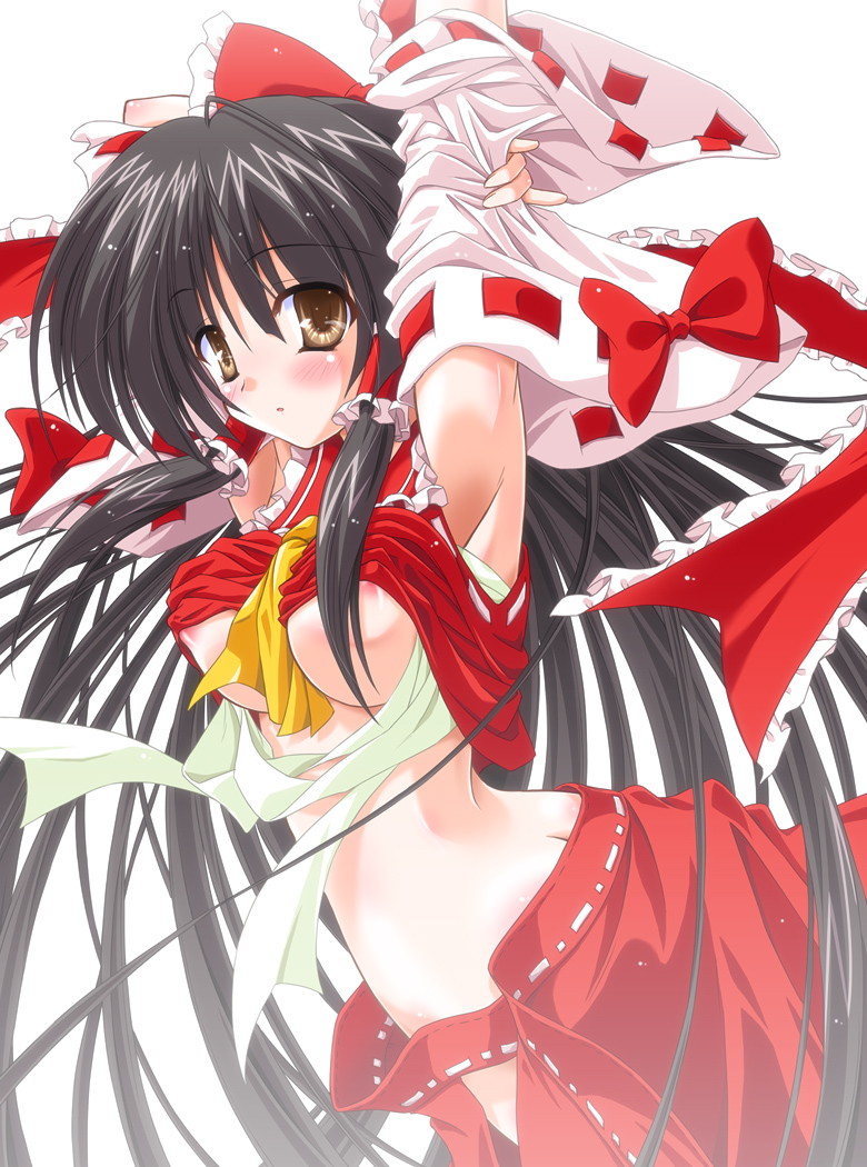 yamu (reverse noise), hakurei reimu, touhou, 1girl, armpits, black hair, blush, breasts, brown eyes, clothes lift, detached sleeves, female focus, long hair, nipple slip, nipples, open clothes, open skirt, ribbon, sarashi, shirt lift, skirt, solo, very long hair