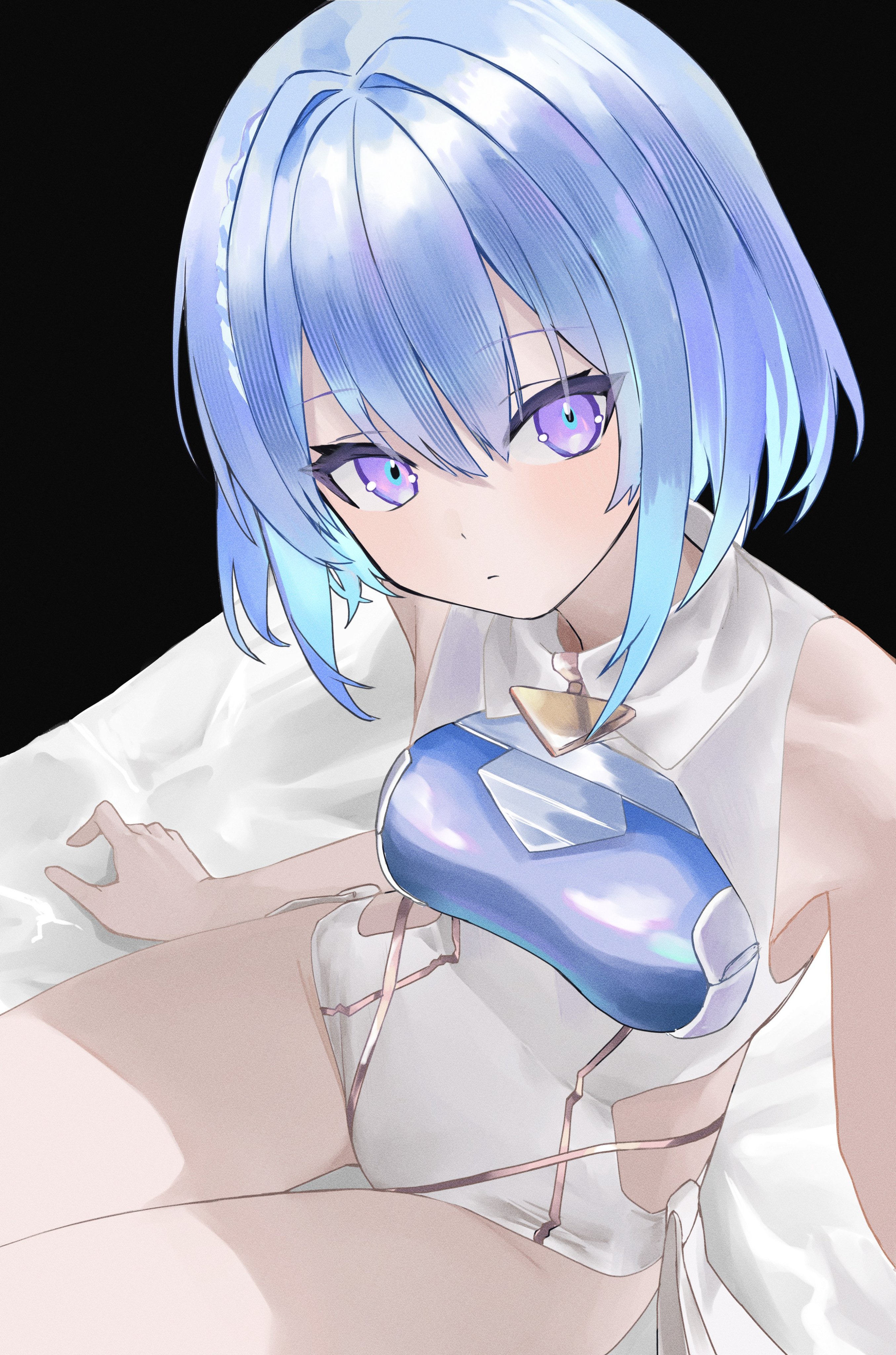 ritaiya, dreizehn (shadowverse), shadowverse, shadowverse: worlds beyond, absurdres, commentary request, highres, 1girl, arm out of frame, bare shoulders, black background, blue hair, breasts, closed mouth, clothing cutout, collar, collared leotard, feet out of frame, from above, hair between eyes, leotard, looking at viewer, looking up, medium breasts, medium hair, purple eyes, side cutout, sitting, solo, thigh gap, thighs, white collar, white leotard