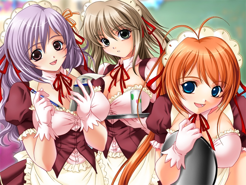 mochizuki nozomu, asagiri hizumi, fukumatsu nagiha, misato chouko, mbs truth, nakadashi igai wa kousoku ihan, game cg, 3girls, antenna hair, breasts, brown hair, gloves, happy, multiple girls, notepad, orange hair, pink gloves, purple hair, ribbon, smile, tray, waitress