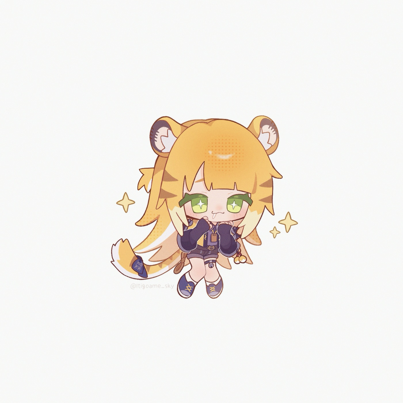 ju fufu, zenless zone zero, highres, 1girl, animal ear fluff, animal ears, black gloves, blonde hair, chibi, colored inner hair, fingerless gloves, gloves, green eyes, itigoame sky, long hair, looking at viewer, multicolored hair, shirt, shorts, smile, solo, tail, tail ornament, tiger ears, tiger girl, tiger tail, white hair