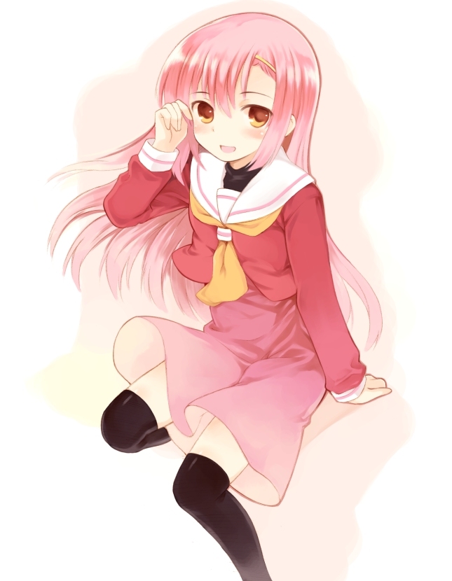 kurasuke, katsura hinagiku, hayate no gotoku!, 00s, 1girl, black thighhighs, female focus, long hair, looking at viewer, pink hair, school uniform, sitting, smile, solo, thighhighs, tucking hair, yellow eyes