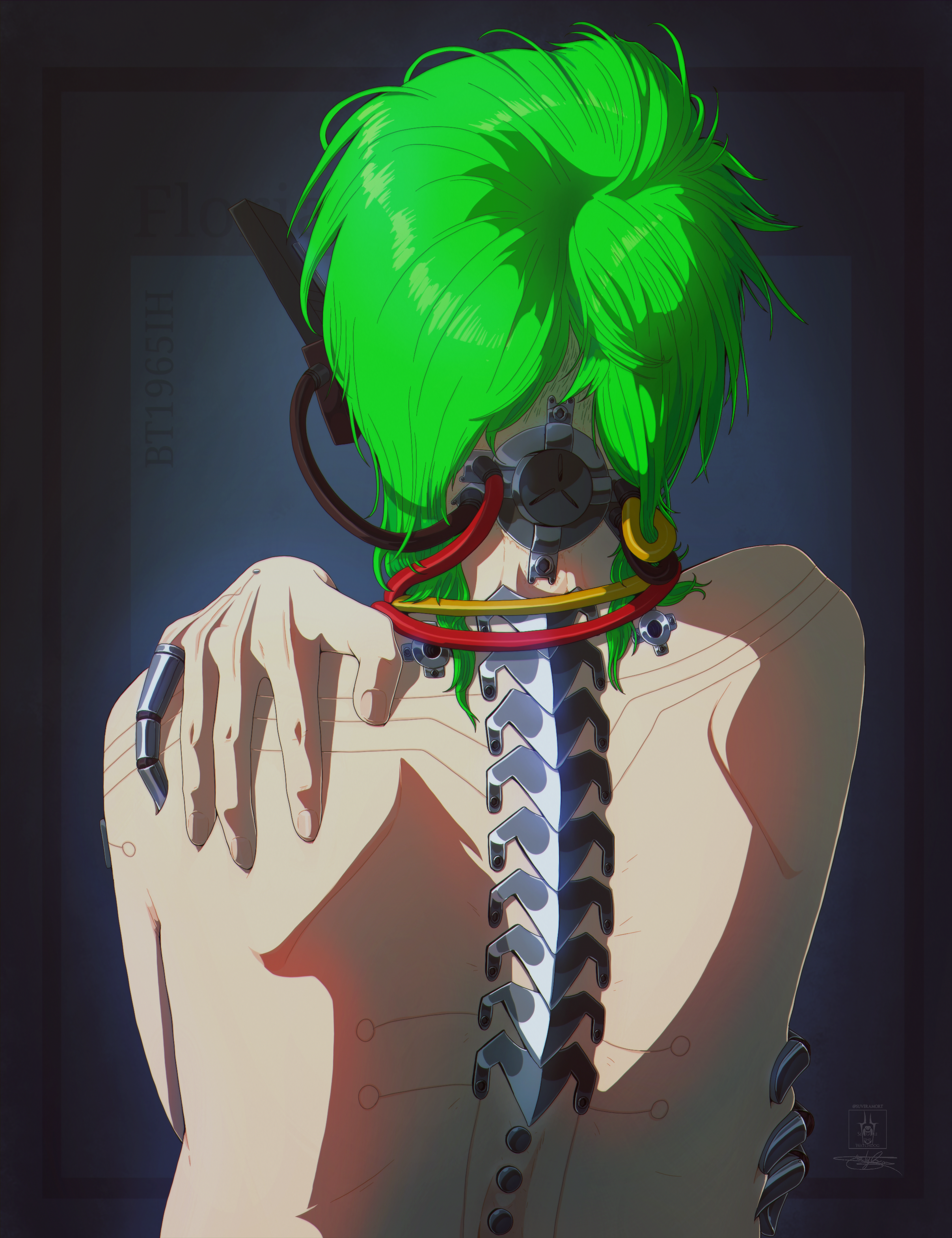 original, absurdres, highres, anime coloring, bare shoulders, computer chip, cyberpunk, cyborg, electrical outlet, florian bowie (suveramort), green hair, hearing aid, industrial, loose wires, mechanical spine, prosthesis, prosthetic arm, prosthetic finger, skinny, wire