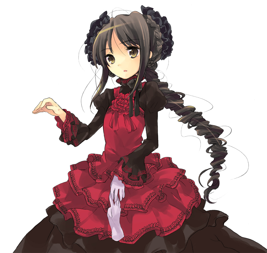 tachitsu teto, shana, shakugan no shana, graphite (medium), mixed media, traditional media, 00s, 1girl, alternate costume, alternate hairstyle, braid, brown hair, crown braid, dress, female focus, gloves, hair ornament, lipstick, long hair, makeup, outstretched hand, ponytail, puffy sleeves, solo, yellow eyes
