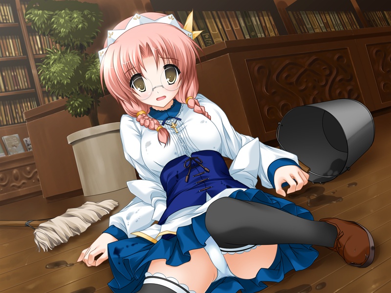 tenmaso, kanayama moyuki, always (visual novel), game cg, 1girl, book, braid, bucket, cross, female focus, glasses, mop, panties, pantyshot, solo, spill, thighhighs, twin braids, underwear, upskirt, white panties