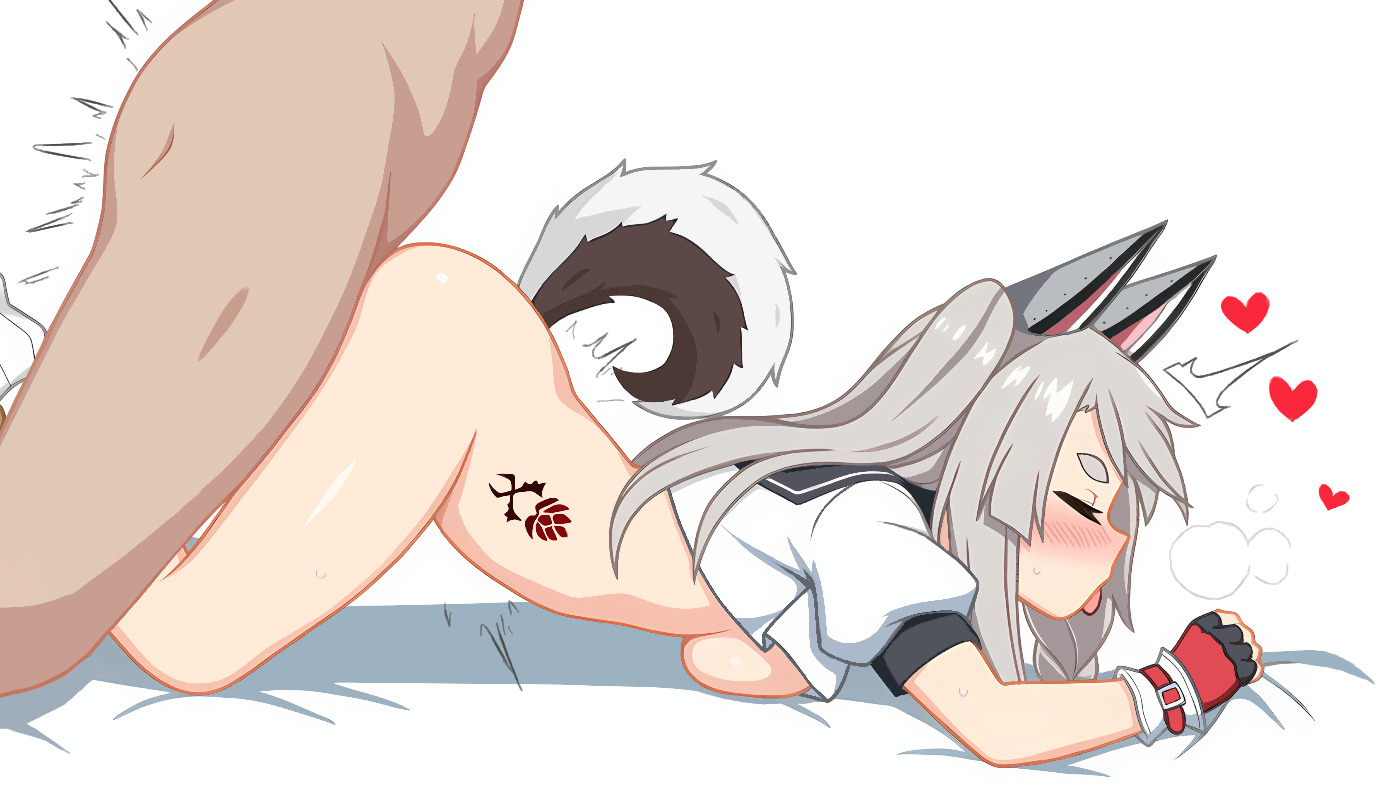 sbeve2004, yuudachi (azur lane), azur lane, 1boy, 1girl, animal ears, bottomless, breast press, breasts, crop top, dog girl, doggystyle, fingerless gloves, gloves, grey hair, heart, on bed, orgasm, sex, sex from behind, shirt, sideboob, tail, underboob, vaginal, white shirt