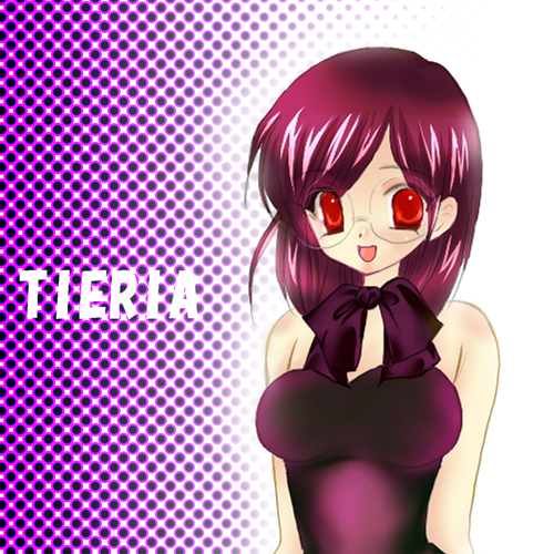 kirarin, tieria erde, gundam, gundam 00, gender request, lowres, 00s, 1girl, blush, bow, breasts, dress, female focus, genderswap, glasses, long sleeves, medium breasts, open mouth, purple hair, red eyes, short hair, smile, solo