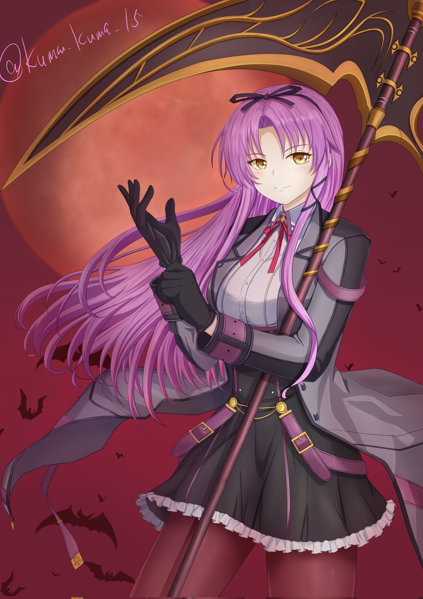 kuma kuma 15, renne (eiyuu densetsu), eiyuu densetsu, kuro no kiseki, kuro no kiseki (series), kuro no kiseki ii, highres, 1girl, bat (animal), black gloves, bow, bowtie, breasts, coat, curtained hair, floating clothes, gloves, holding, holding scythe, holding weapon, huge weapon, long hair, long sidelocks, long sleeves, looking at viewer, medium breasts, open clothes, open coat, parted bangs, purple hair, purple thighhighs, red bow, red bowtie, scythe, sidelocks, skirt, smile, thighhighs, twitter username, upper body, weapon, yellow eyes
