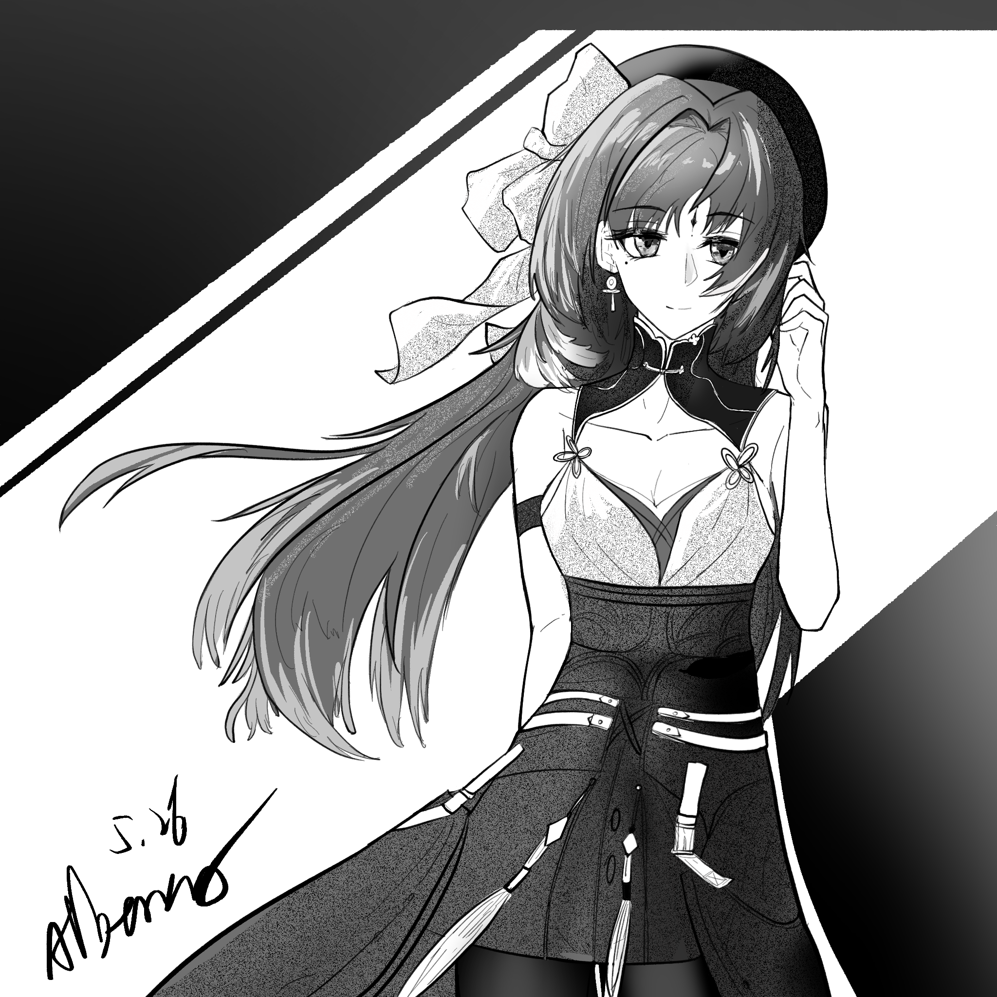 yangyang (wuthering waves), wuthering waves, chinese commentary, commentary request, highres, 1girl, albtraum, ankh earrings, bare shoulders, bow, breasts, cleavage, closed mouth, collarbone, cowboy shot, earrings, facial mark, floating hair, forehead mark, greyscale, hair bow, hair intakes, hand in own hair, hand up, hat, jewelry, long hair, medium breasts, mole, mole under eye, monochrome, sleeveless, smile, solo, split mouth, standing
