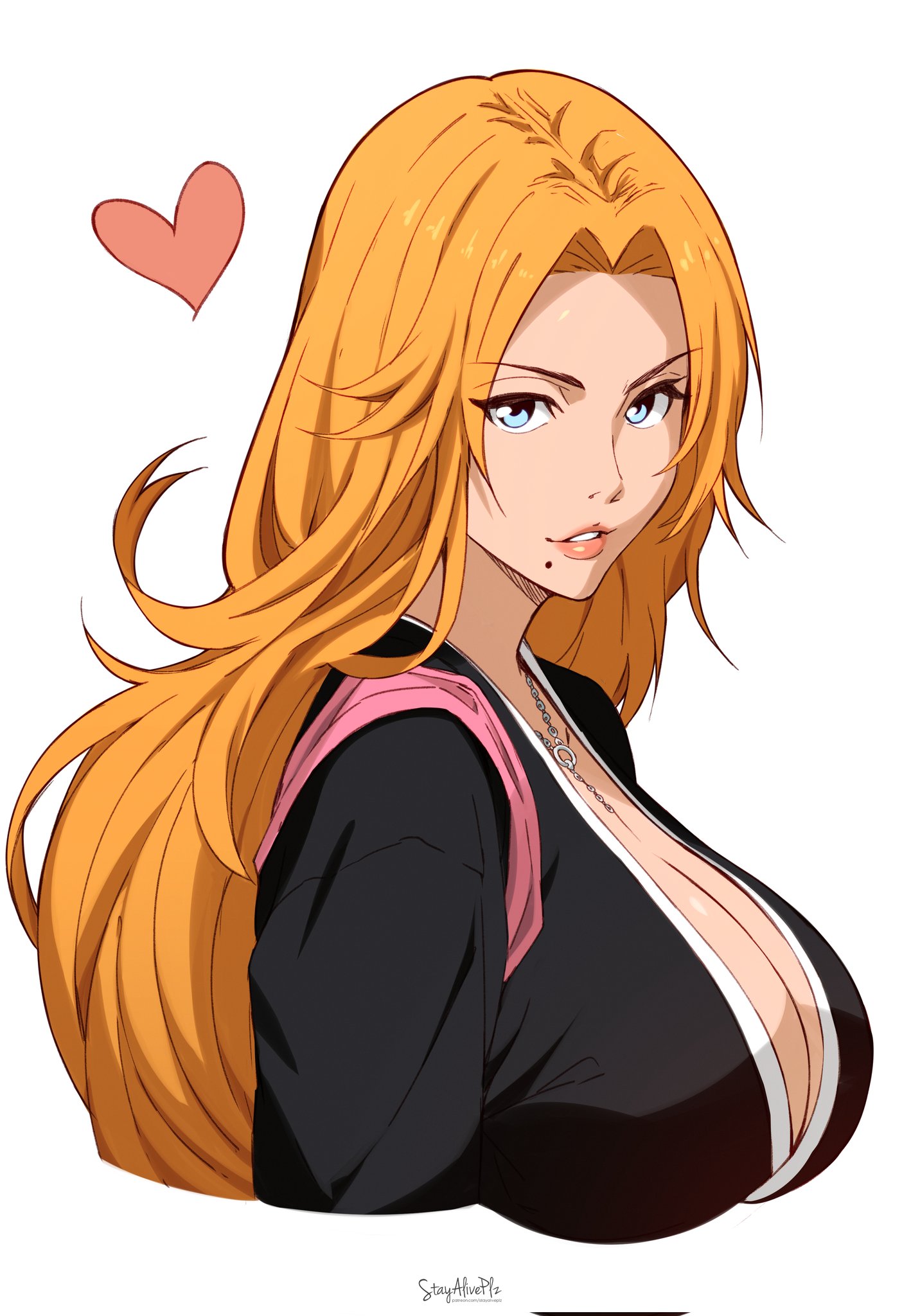 stayaliveplz, matsumoto rangiku, bleach, highres, 1girl, artist name, blue eyes, breasts, chain, chain necklace, female focus, heart, japanese clothes, jewelry, large breasts, lips, long hair, looking at viewer, mole, mole under mouth, necklace, orange hair, parted lips, pink shawl, portrait, shawl, shihakusho, simple background, upper body, white background