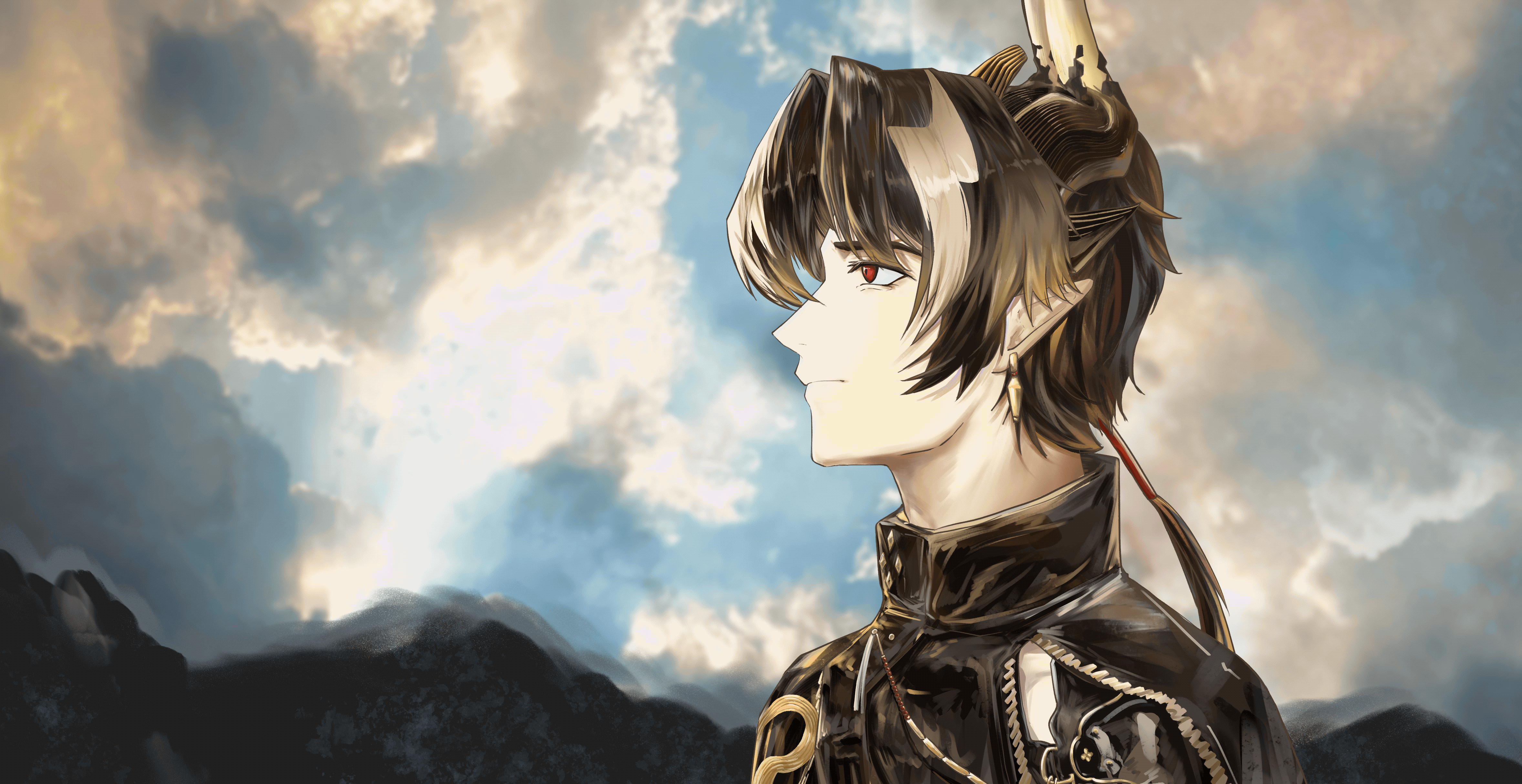 chongyue (arknights), arknights, absurdres, animated, animated gif, chinese commentary, commentary request, highres, 1boy, albtraum, blonde hair, brown hair, closed mouth, cloud, day, earrings, from side, grey hair, high collar, horns, jewelry, long hair, looking afar, male focus, multicolored hair, non-repeating animation, outdoors, pointy ears, portrait, profile, red eyes, solo, wind