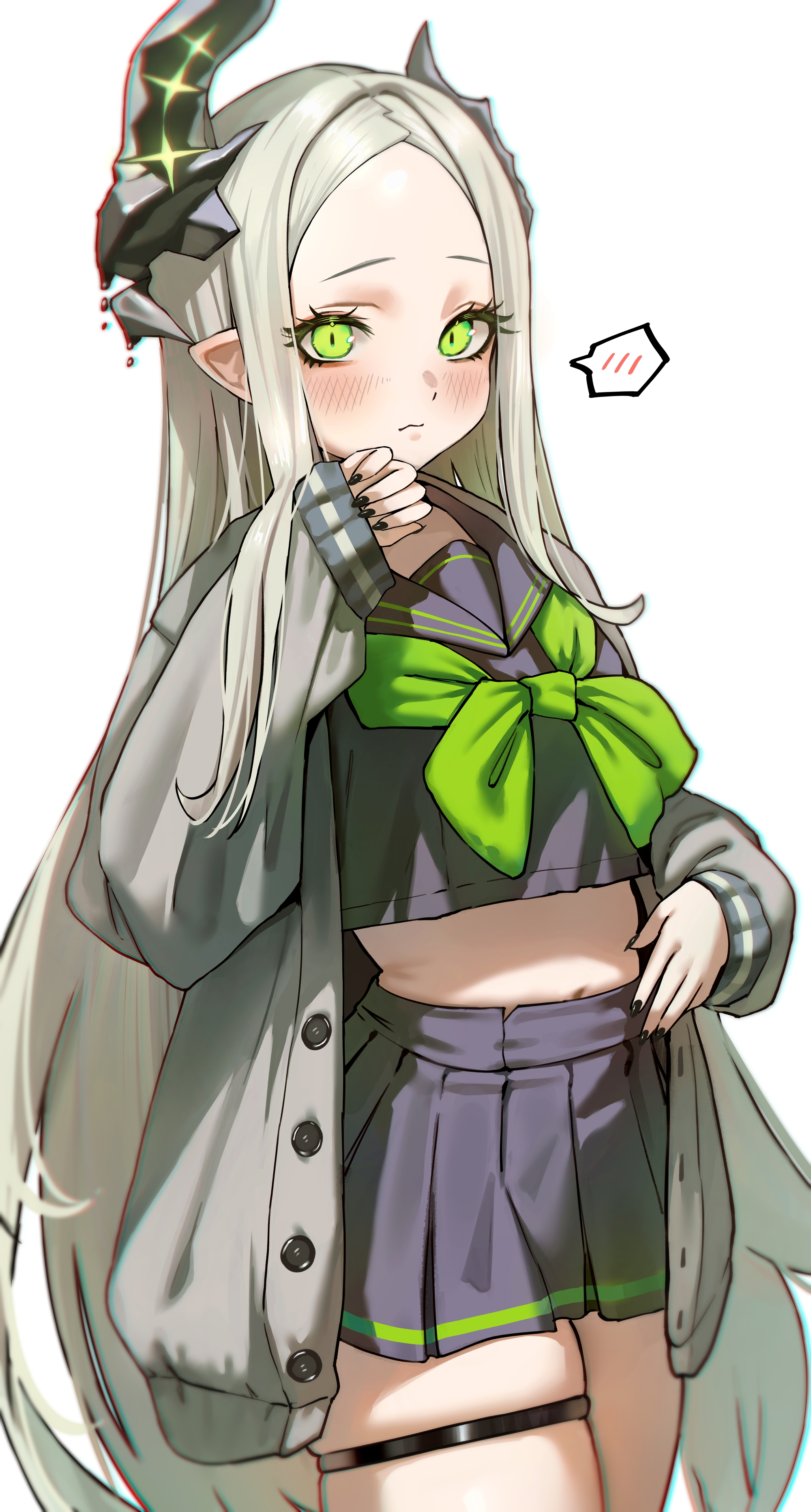 jindogod, leviathan (nikke), goddess of victory: nikke, absurdres, commentary, highres, 1girl, black serafuku, black skirt, breasts, coat, green eyes, grey coat, grey hair, horns, long hair, midriff, navel, pleated skirt, pointy ears, school, school uniform, serafuku, simple background, single horn, skindentation, skirt, small breasts, solo, spoken blush, thigh strap, thighs, very long hair, white background