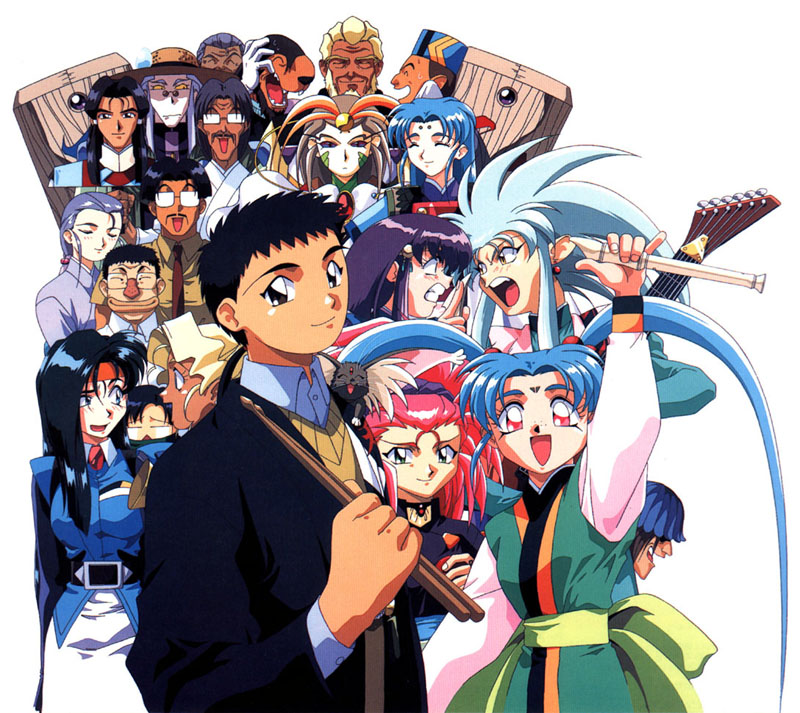 amagasaki kazuhiko, azaka, hakubi washuu, kagato, kamidake, kuramitsu mihoshi, kuramitsu minami, makibi kiyone, masaki aeka jurai, masaki katsuhito, masaki kiyone, masaki nobuyuki, masaki sasami jurai, masaki tenchi, masaki tennyo, masaki youshou jurai, nobeyama, ryou-ouki, ryouko (tenchi muyou!), tokimi, tsunami (tenchi muyou!), tenchi muyou!, tenchi muyou! ryou-ouki, tenchi muyou! uchuu hen, silver hair, artist request, photoshop (medium), 1990s (style), 6+boys, 6+girls, absolutely everyone, beard, belt, black hair, blonde hair, blue hair, brown hair, cabbit, dual persona, everyone, facial hair, facial mark, flute, forehead mark, freckles, glasses, green eyes, grey hair, guitar, hat, headband, instrument, long hair, mother and daughter, multiple boys, multiple girls, purple hair, recorder, red eyes, red hair, retro artstyle, spiked hair, straw hat, tears, twintails