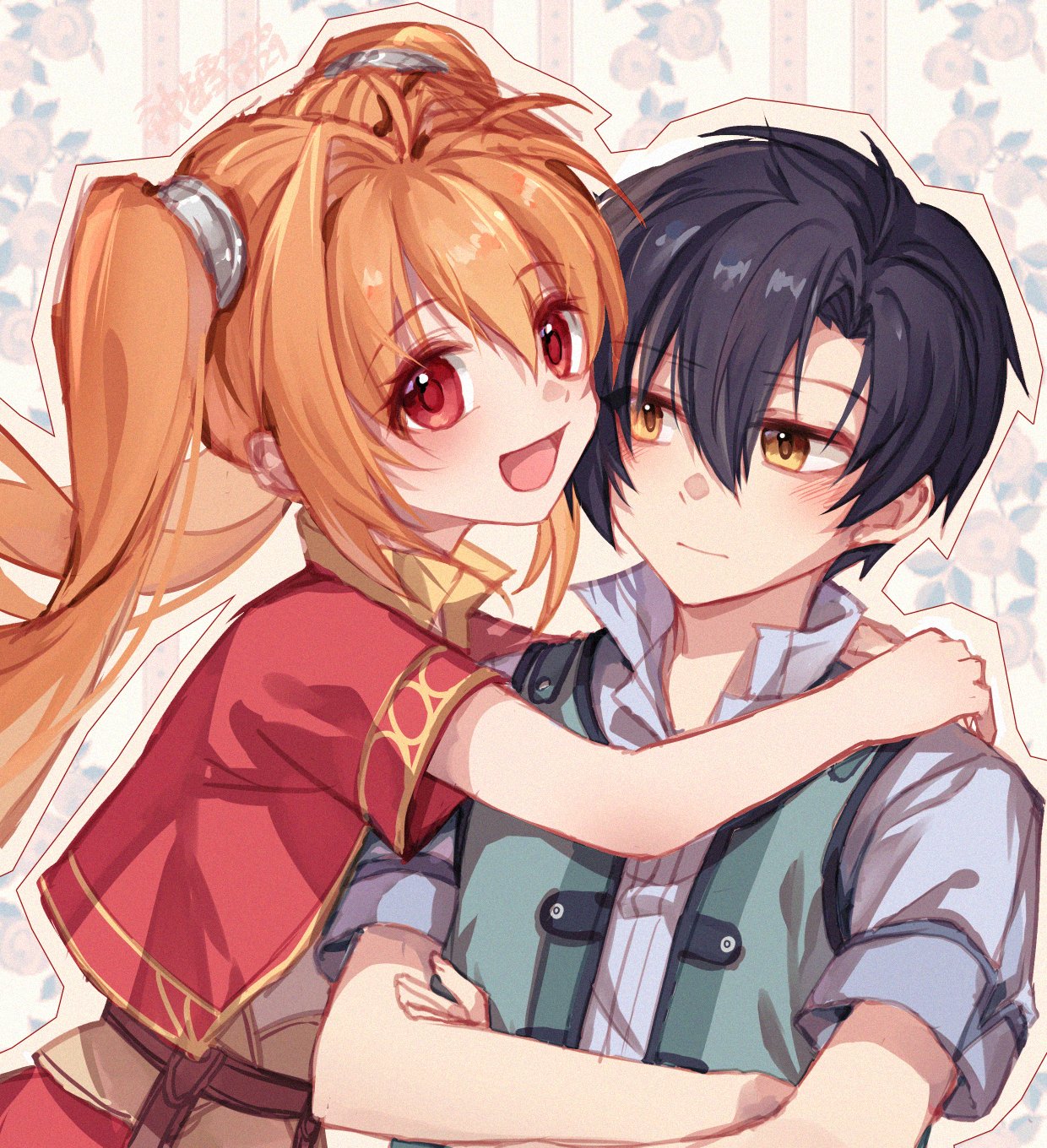willfin, estelle bright, joshua bright, eiyuu densetsu, sora no kiseki, highres, 1boy, 1girl, ahoge, antenna hair, black hair, blush, brown hair, cropped jacket, double-parted bangs, embarrassed, floating hair, hair between eyes, hair intakes, long hair, looking at viewer, outline, parted bangs, red eyes, short hair, short sleeves, smile, twintails, upper body, white outline, yellow eyes