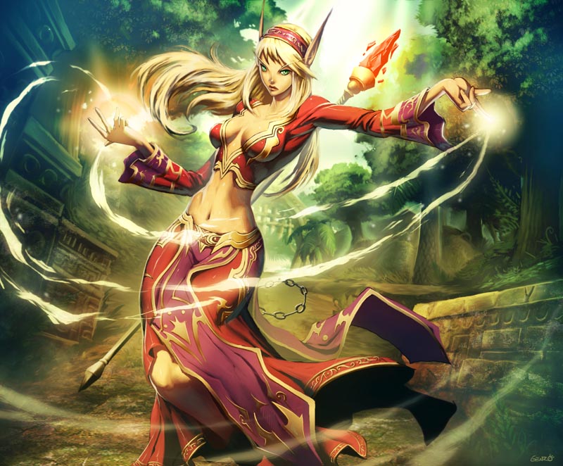genzoman, blood elf (warcraft), warcraft, world of warcraft, official art, 1girl, blonde hair, breasts, breasts apart, chain, crystal, elf, female focus, forest, green eyes, hip focus, impossible clothes, large breasts, long hair, looking at viewer, magic, midriff, nature, navel, pointy ears, sagging breasts, signature, skinny, skirt, slender, solo, staff, wide hips