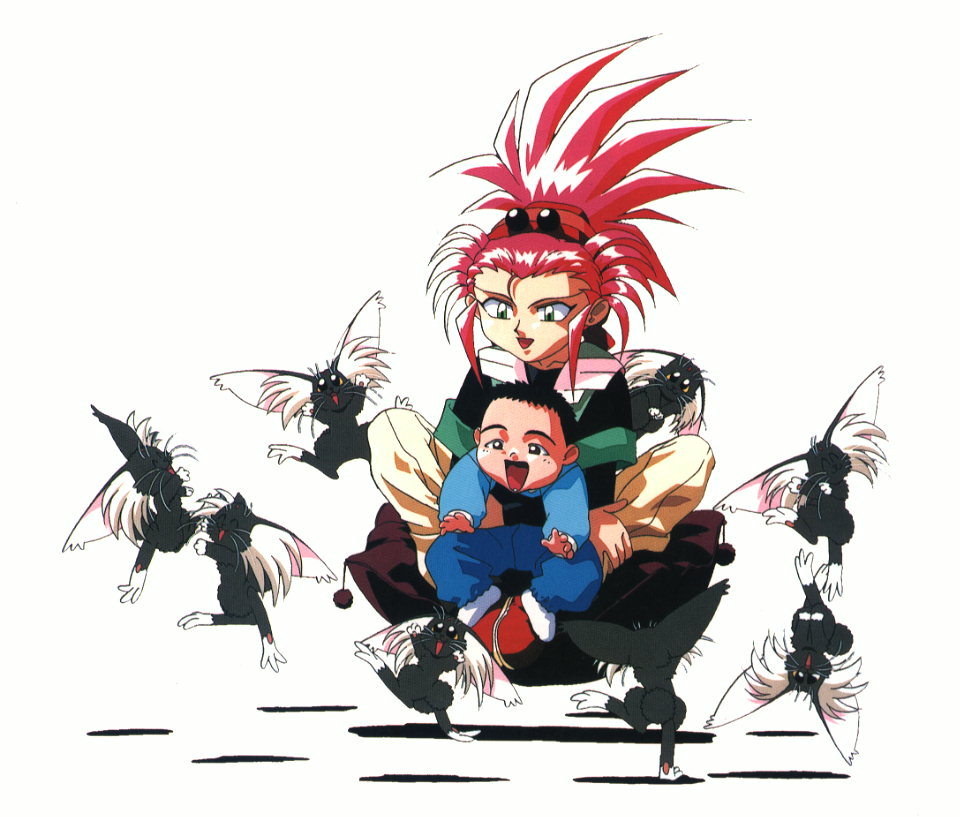 hakubi washuu, ryou-ouki, tenchi muyou!, scan, scan artifacts, 1990s (style), 1boy, 1girl, baby, green eyes, hair slicked back, red hair, retro artstyle, spiked hair, white background