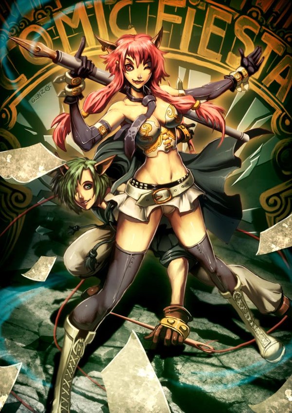 genzoman, original, 1girl, animal ears, belt, boots, bustier, detached sleeves, female focus, gloves, green hair, legs, lingerie, lips, necktie, panties, pantyshot, red hair, skinny, skirt, slender, solo, thighhighs, underwear, wind, wind lift