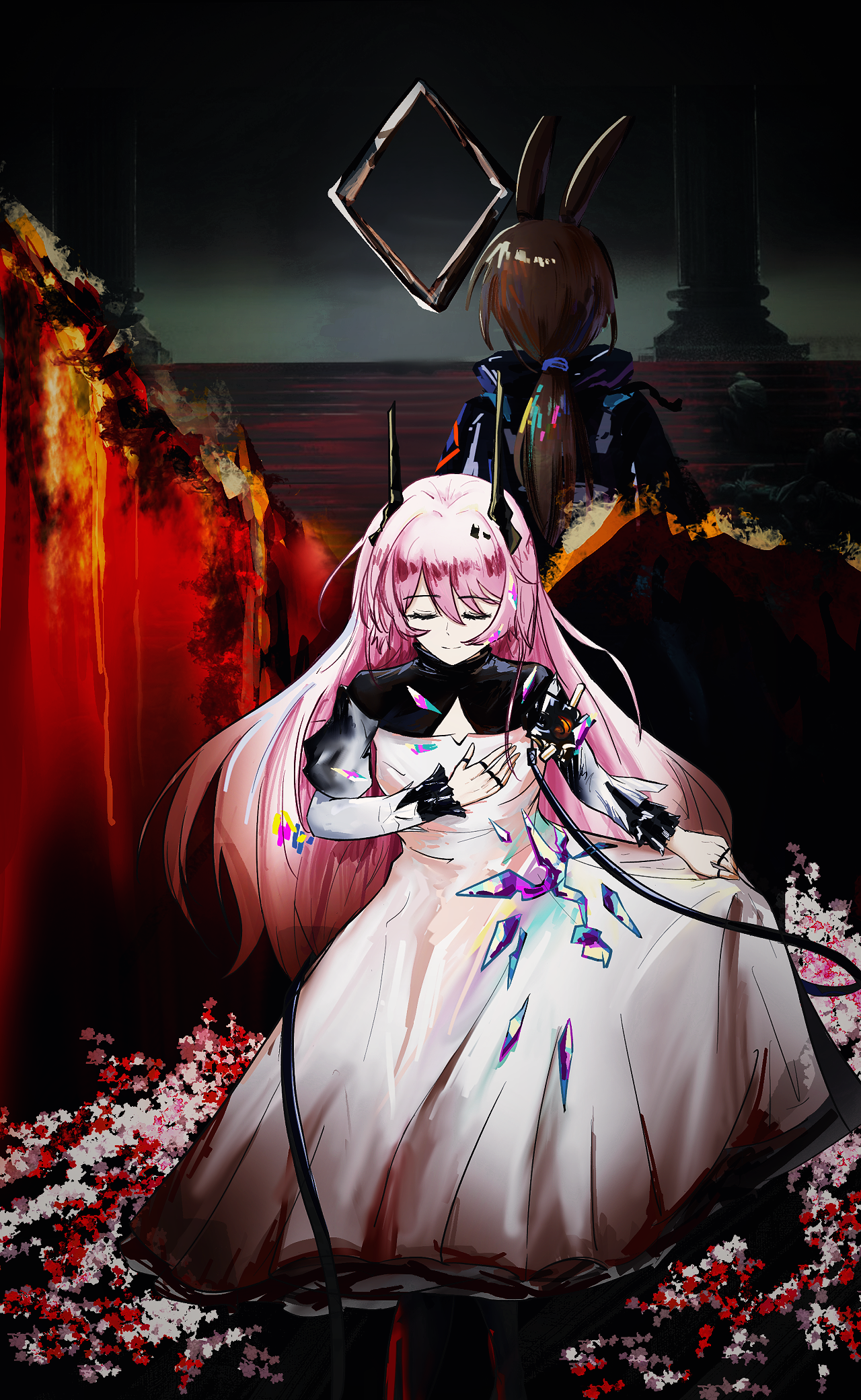 amiya (arknights), theresa (arknights), arknights, chinese commentary, commentary request, highres, 2girls, albtraum, animal ears, black horns, brown hair, cleavage cutout, closed eyes, closed mouth, clothing cutout, curtsey, dress, facing away, facing viewer, fire, flower, hair between eyes, horns, jewelry, long hair, long sleeves, multiple girls, multiple rings, pink hair, red flower, ring, skirt hold, smile, standing, white dress, white flower